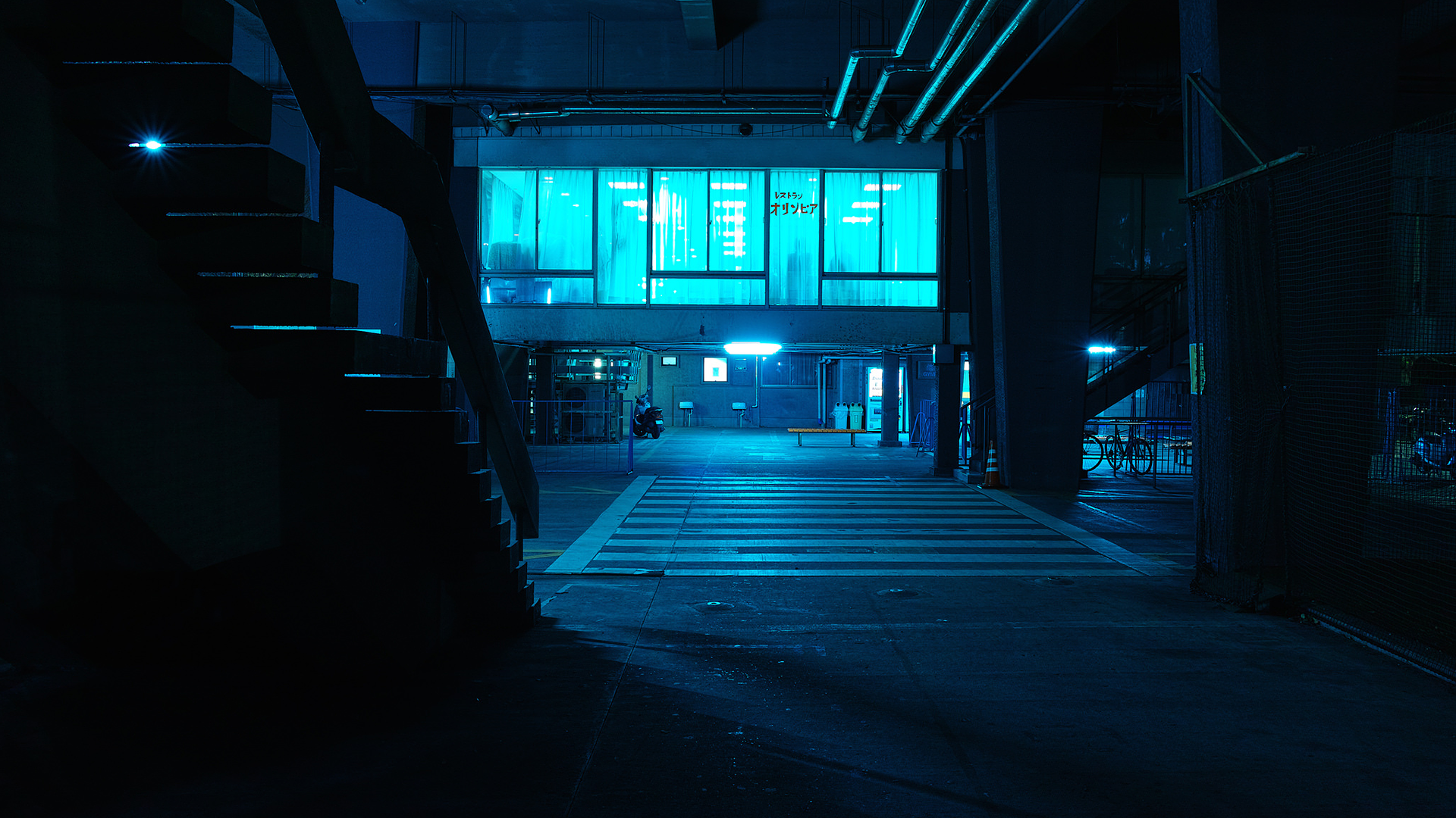 Neon lit parking garage in Japan HD Wallpaper