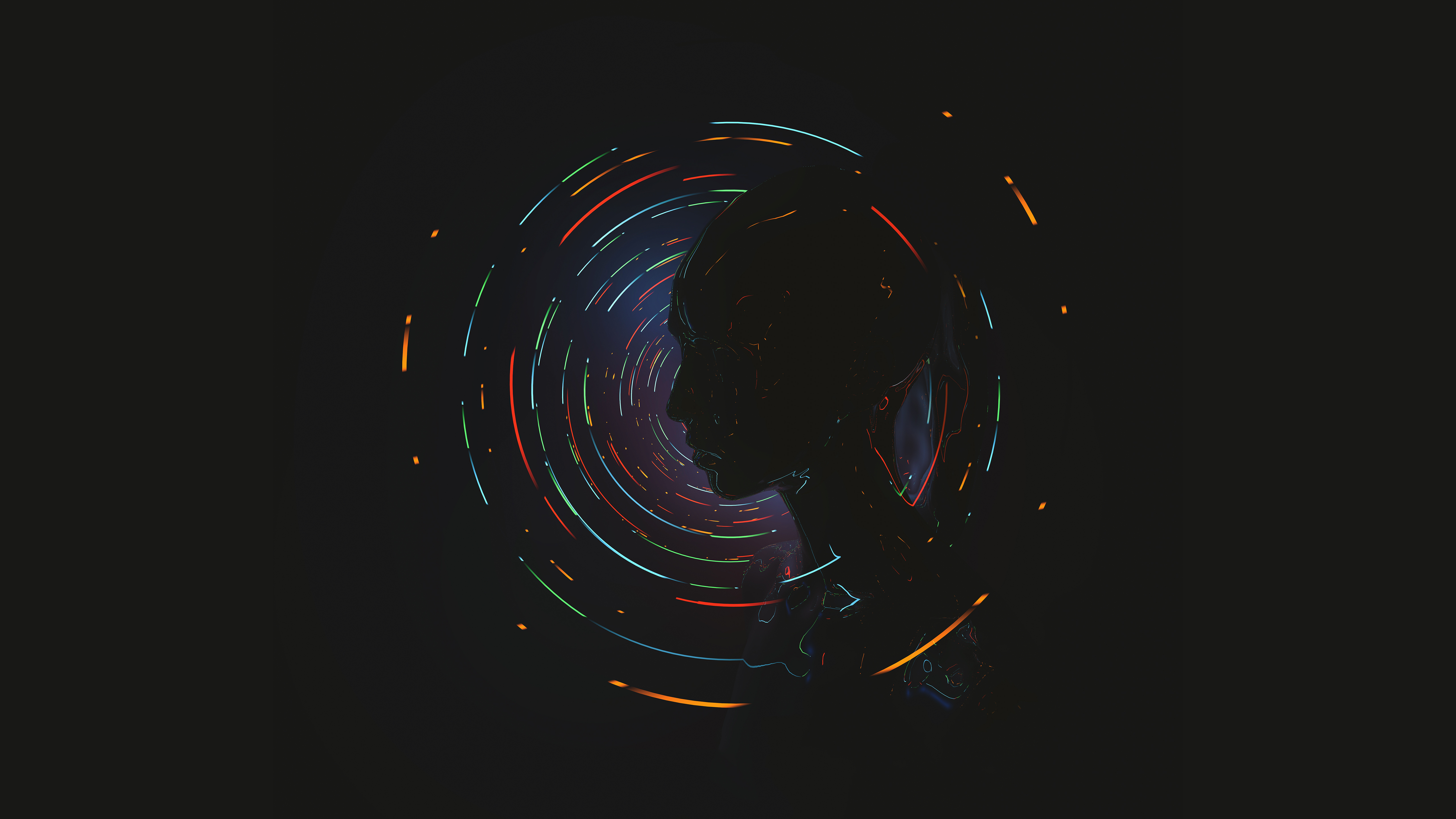 Silhouette of a head with colorful swirling lights HD Wallpaper