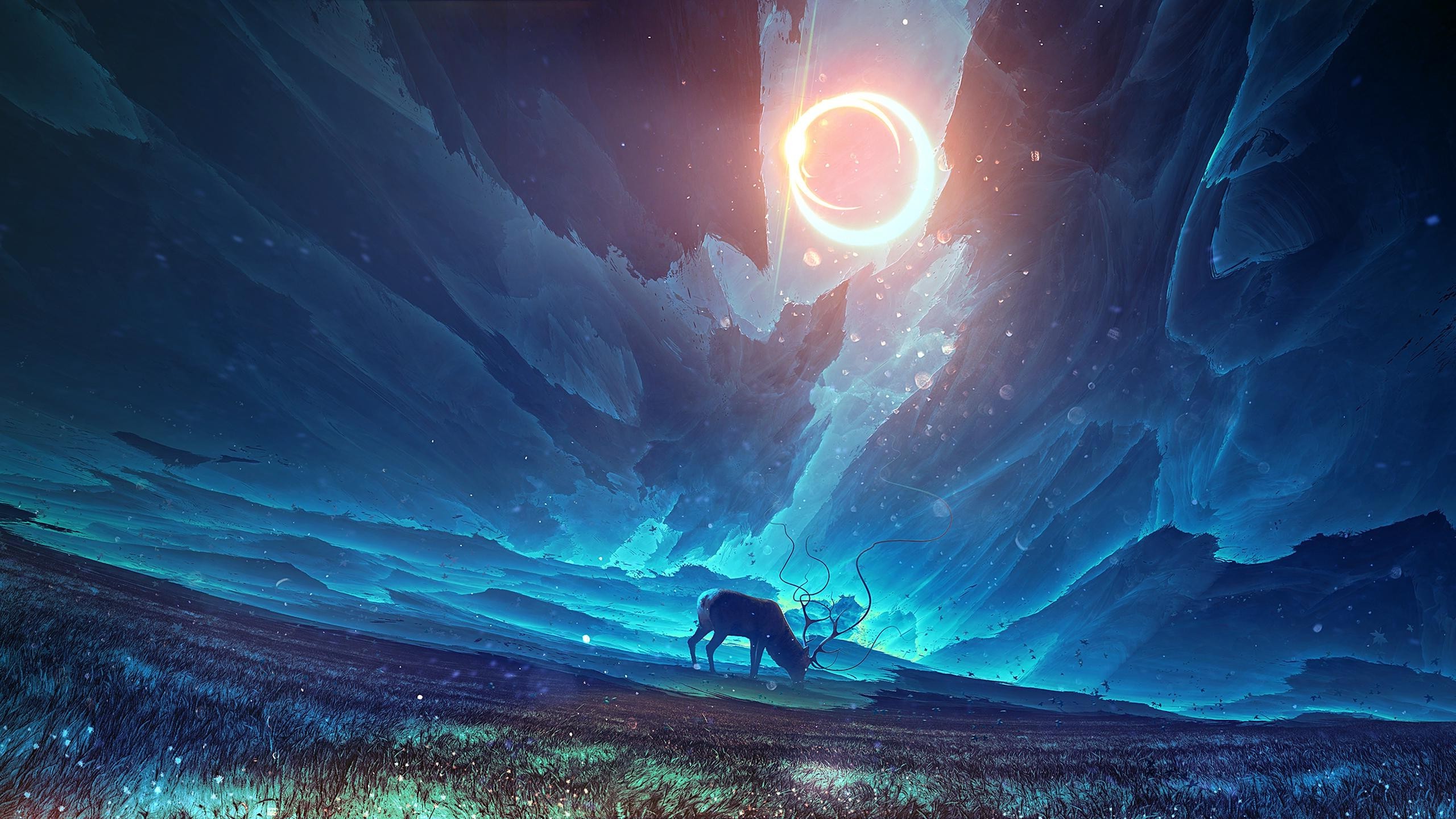 Deer in a surreal landscape with a glowing ring in the sky HD Wallpaper