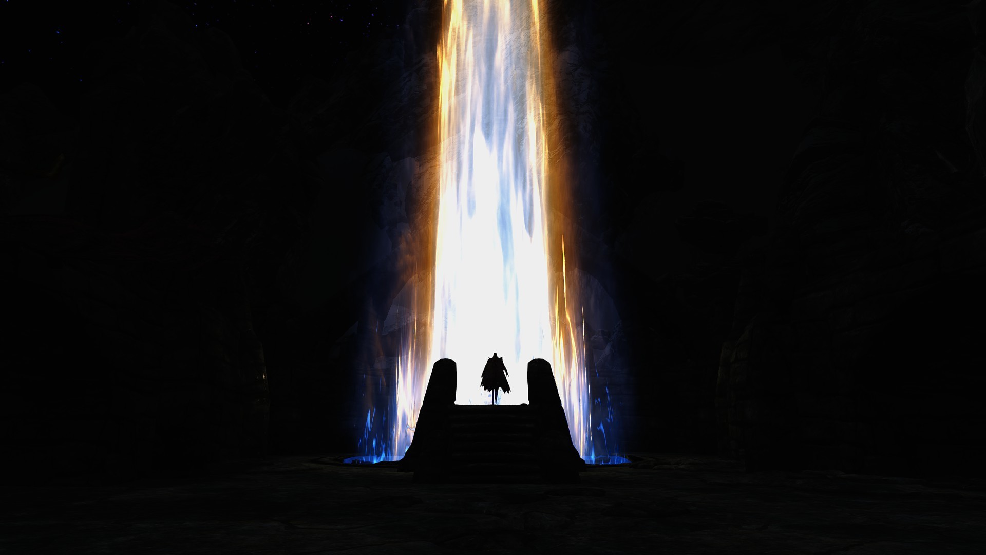 Two figures stand before a glowing portal in Skyrim HD Wallpaper