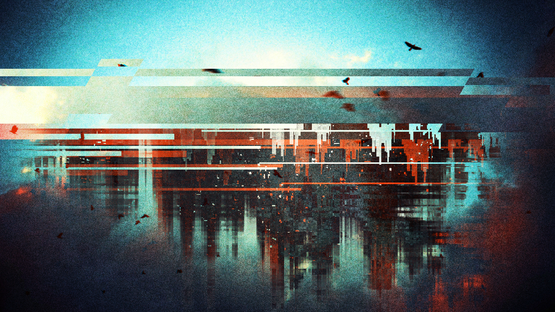 Abstract cityscape with birds and digital distortion HD Wallpaper
