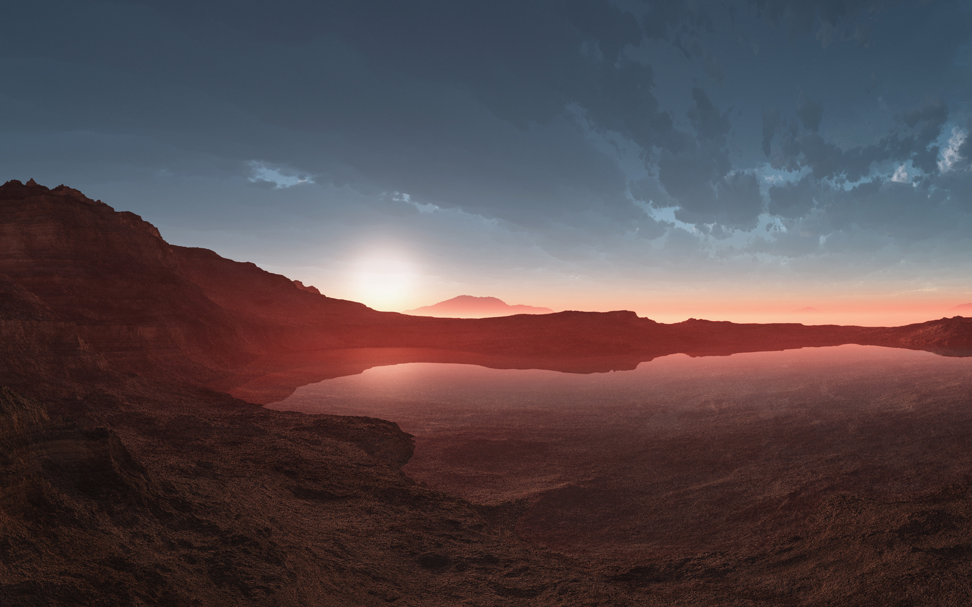 Rocky landscape with lake at sunrise HD Wallpaper