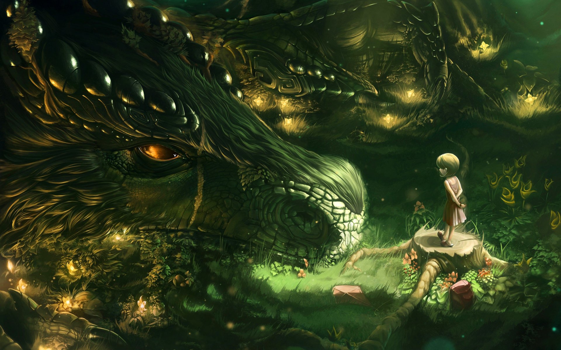 A young girl stands before a giant dragon in a magical forest HD Wallpaper