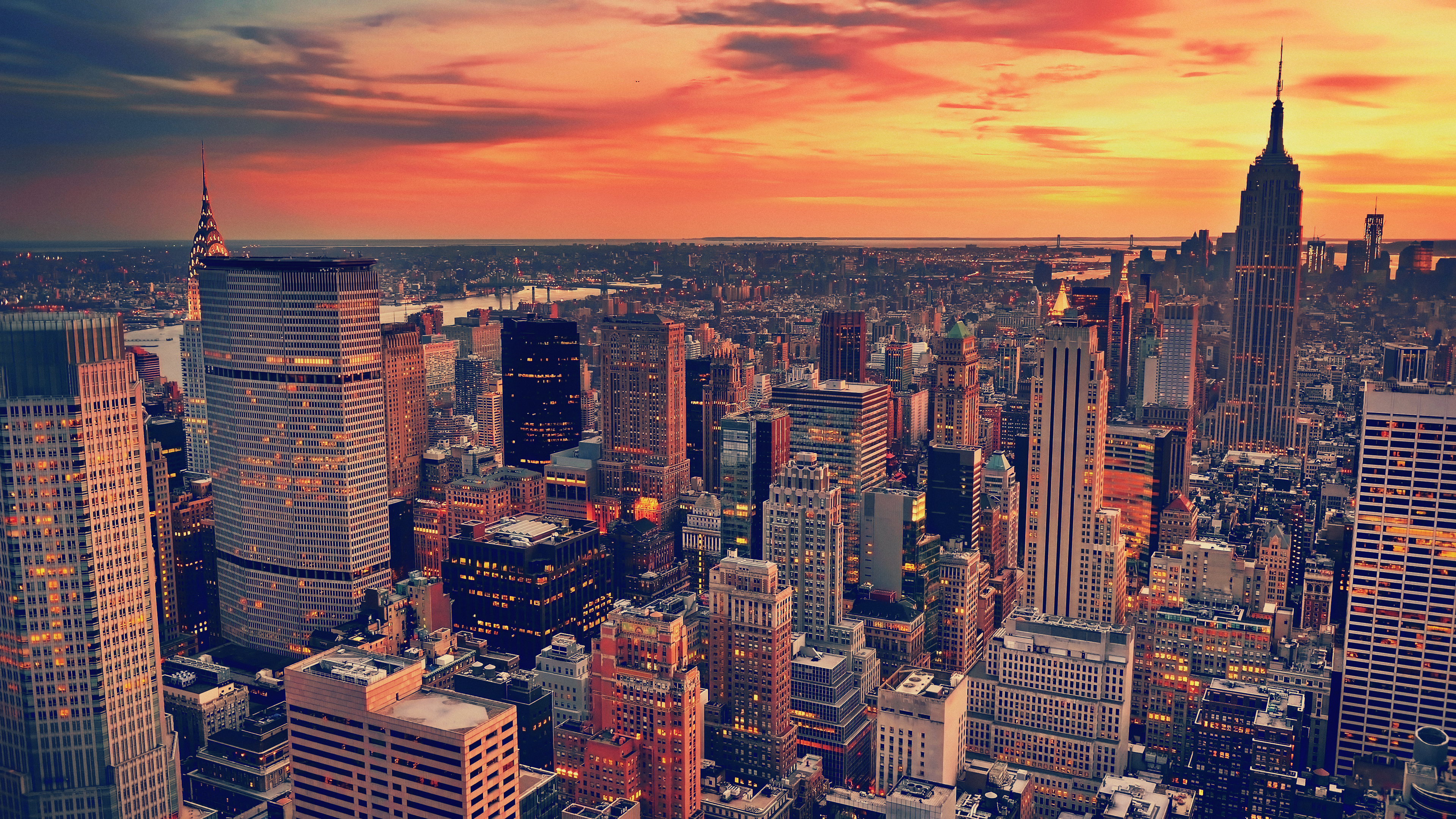 New York City skyline at sunset HD Wallpaper