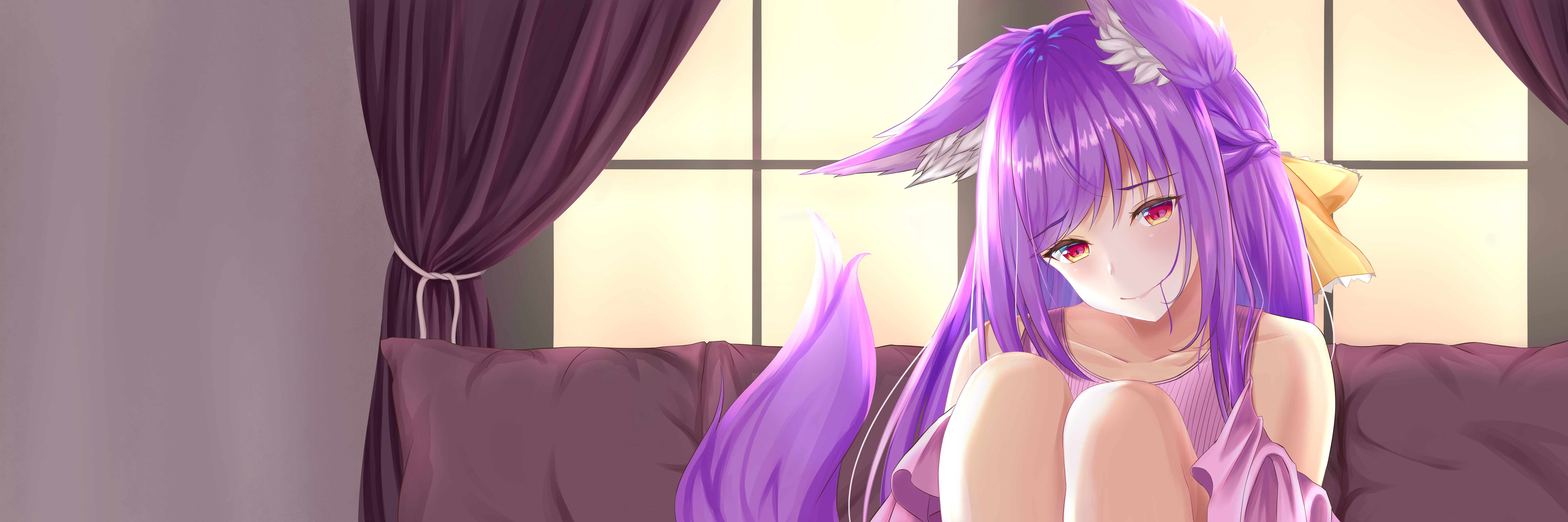 Anime girl with purple hair and fox ears HD Wallpaper
