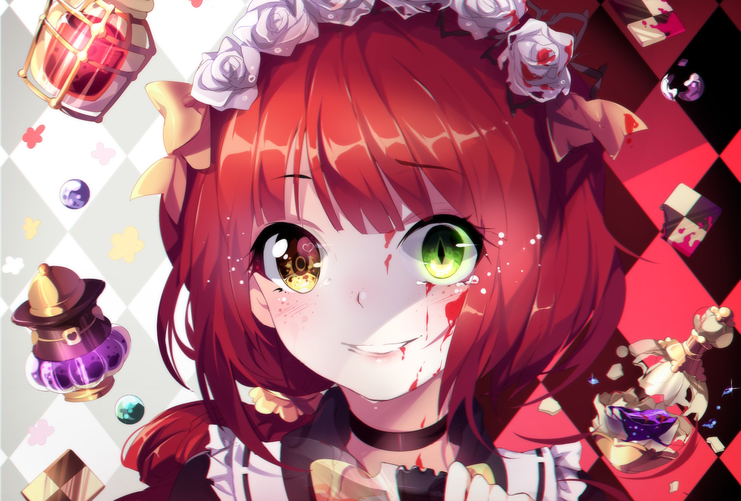 Anime girl with heterochromia and blood HD Wallpaper