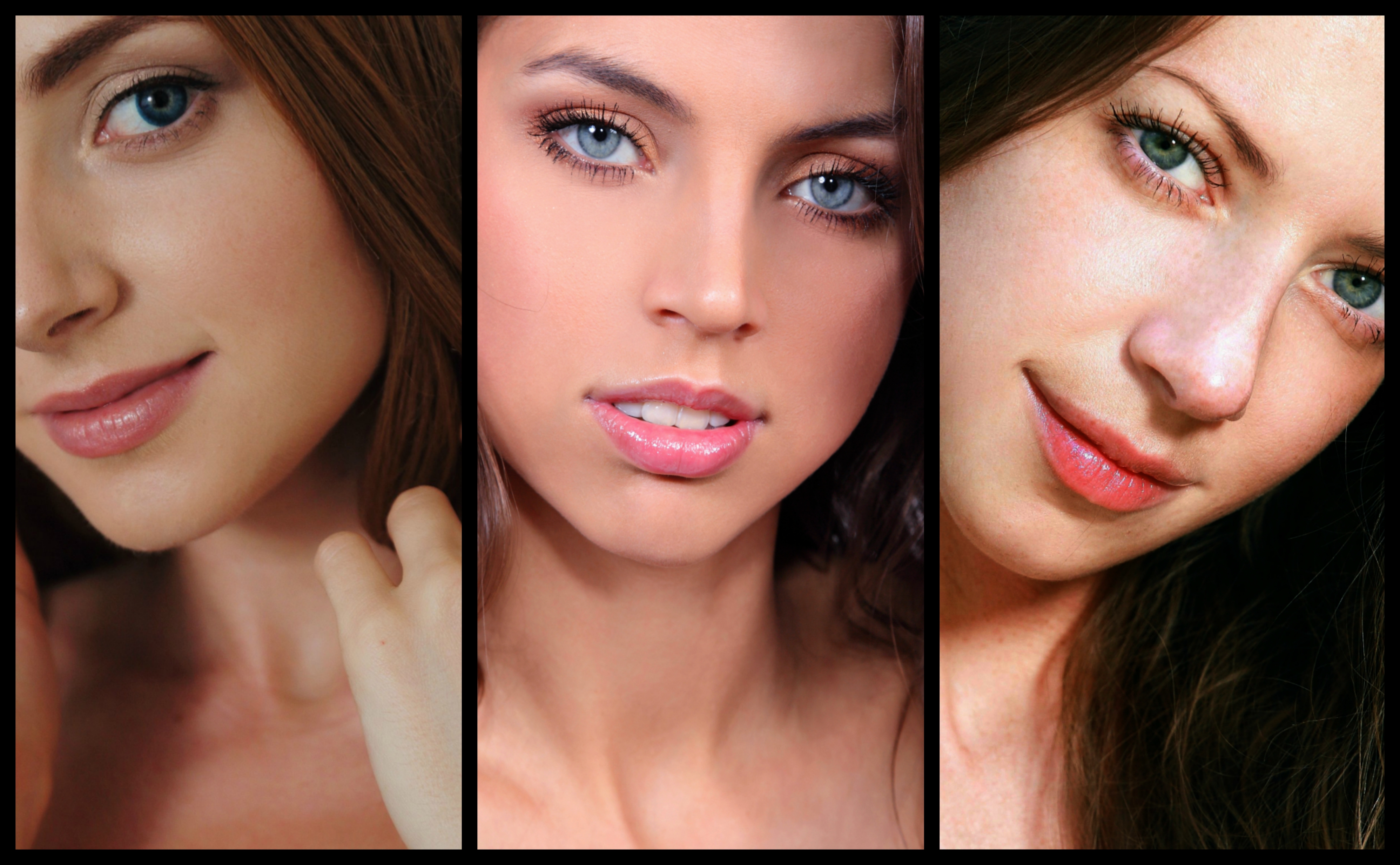Collage of three women's faces with blue and green eyes HD Wallpaper
