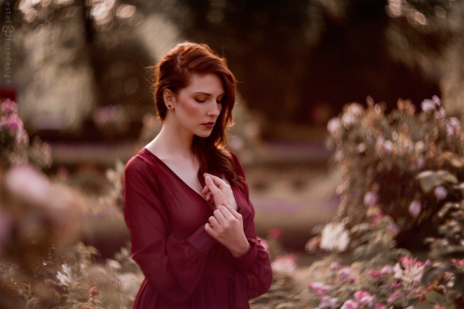Woman with red hair in a red dress outdoors HD Wallpaper