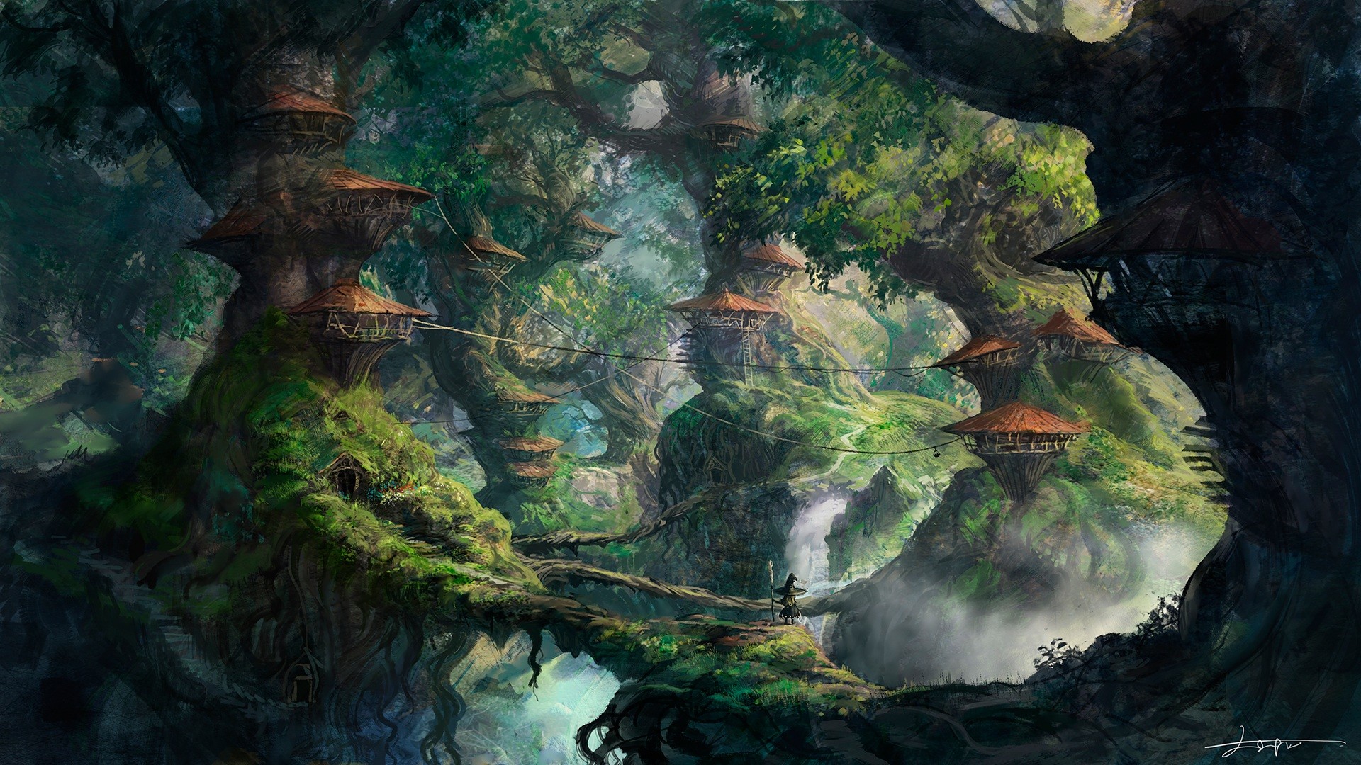 Fantasy forest village with treehouses and a lone traveler HD Wallpaper