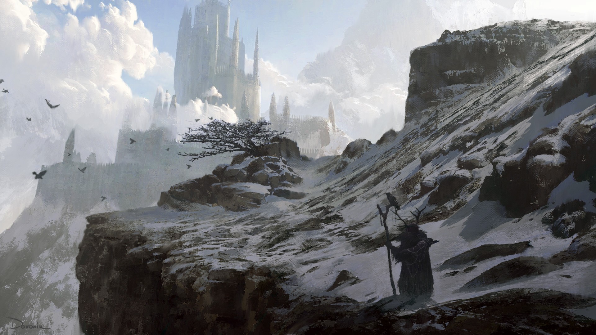 Fantasy castle in snowy mountains with a robed figure HD Wallpaper