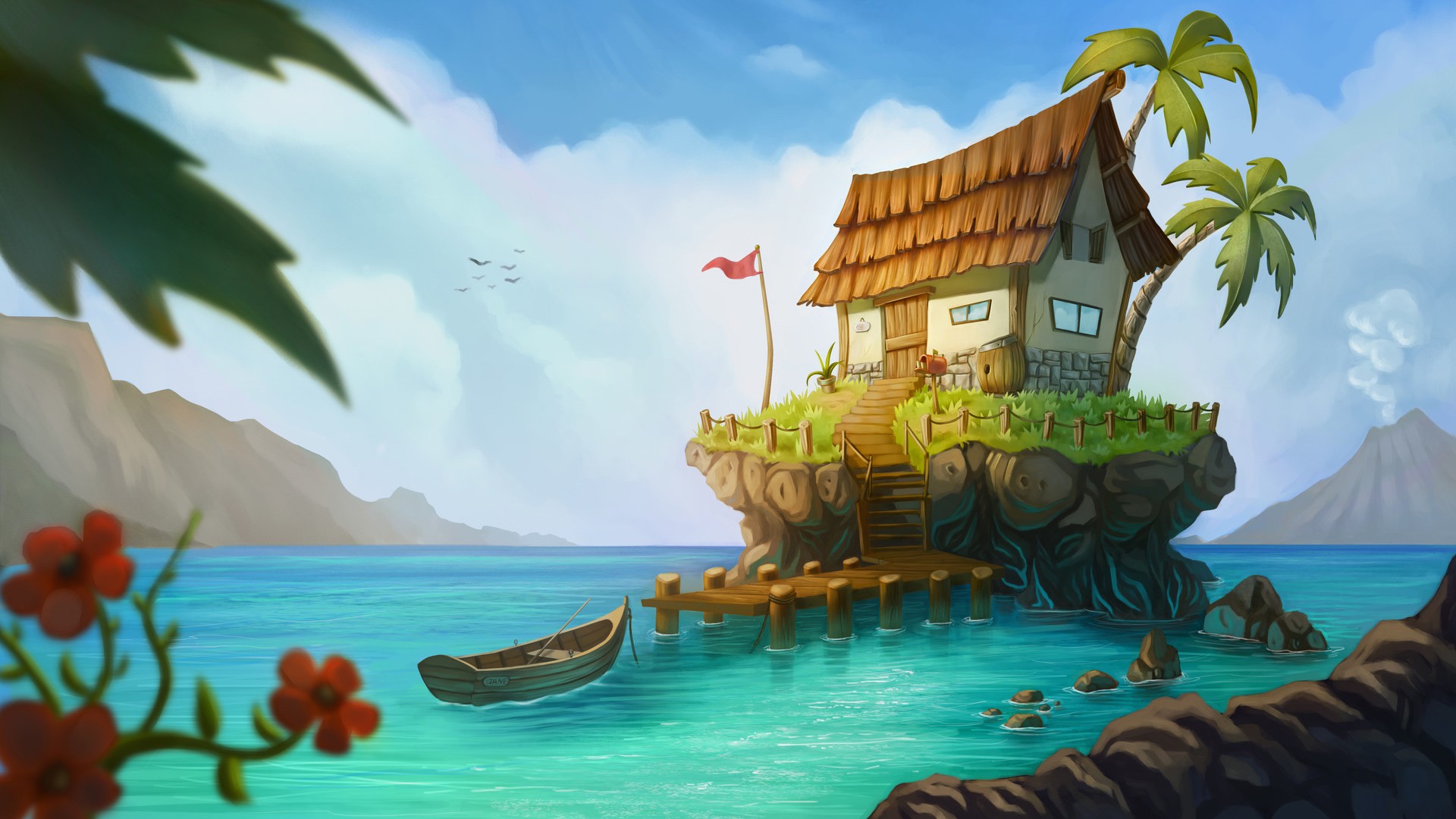Digital art of a tropical island with a house and boat HD Wallpaper