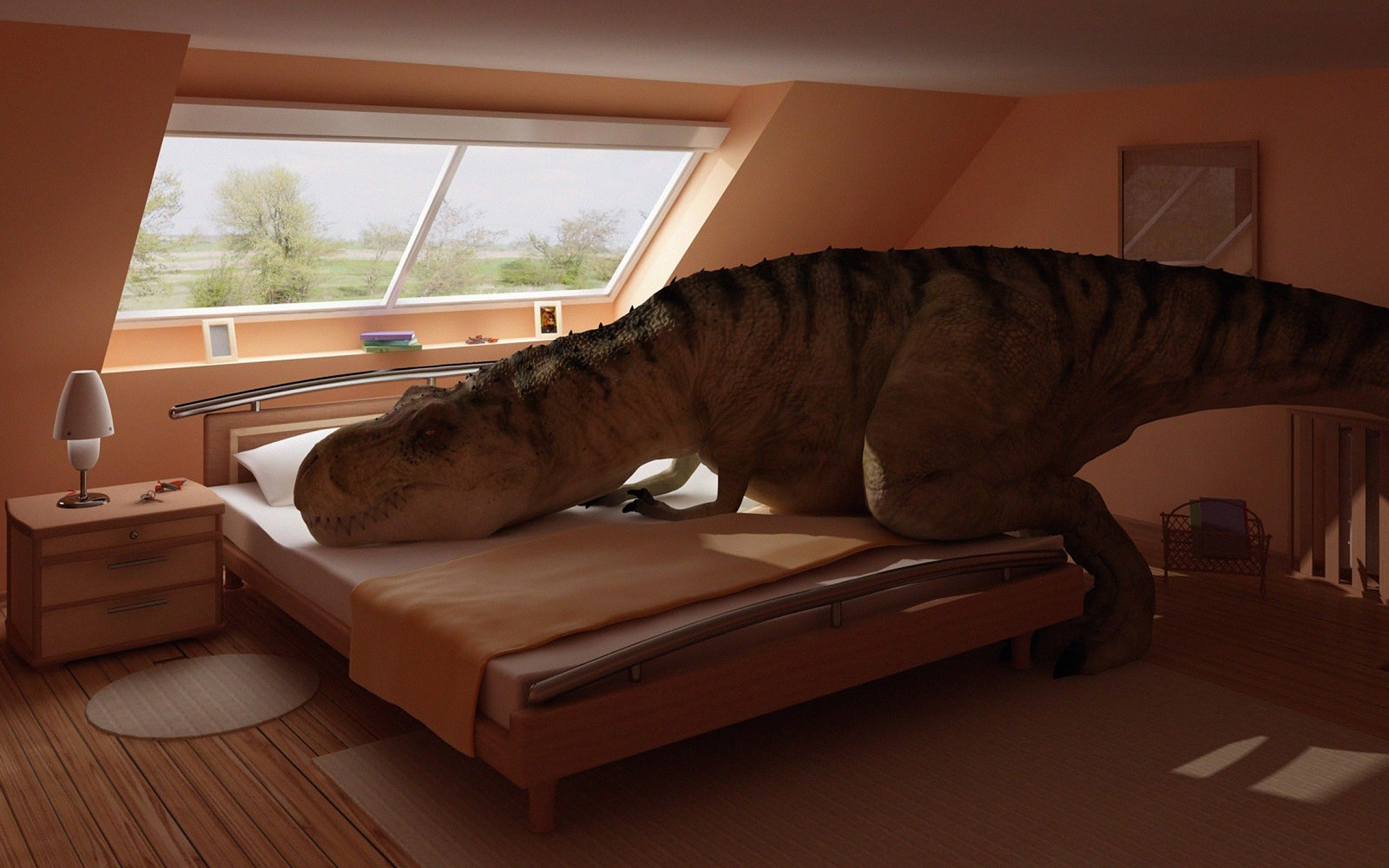 Dinosaur in a bedroom HD Wallpaper