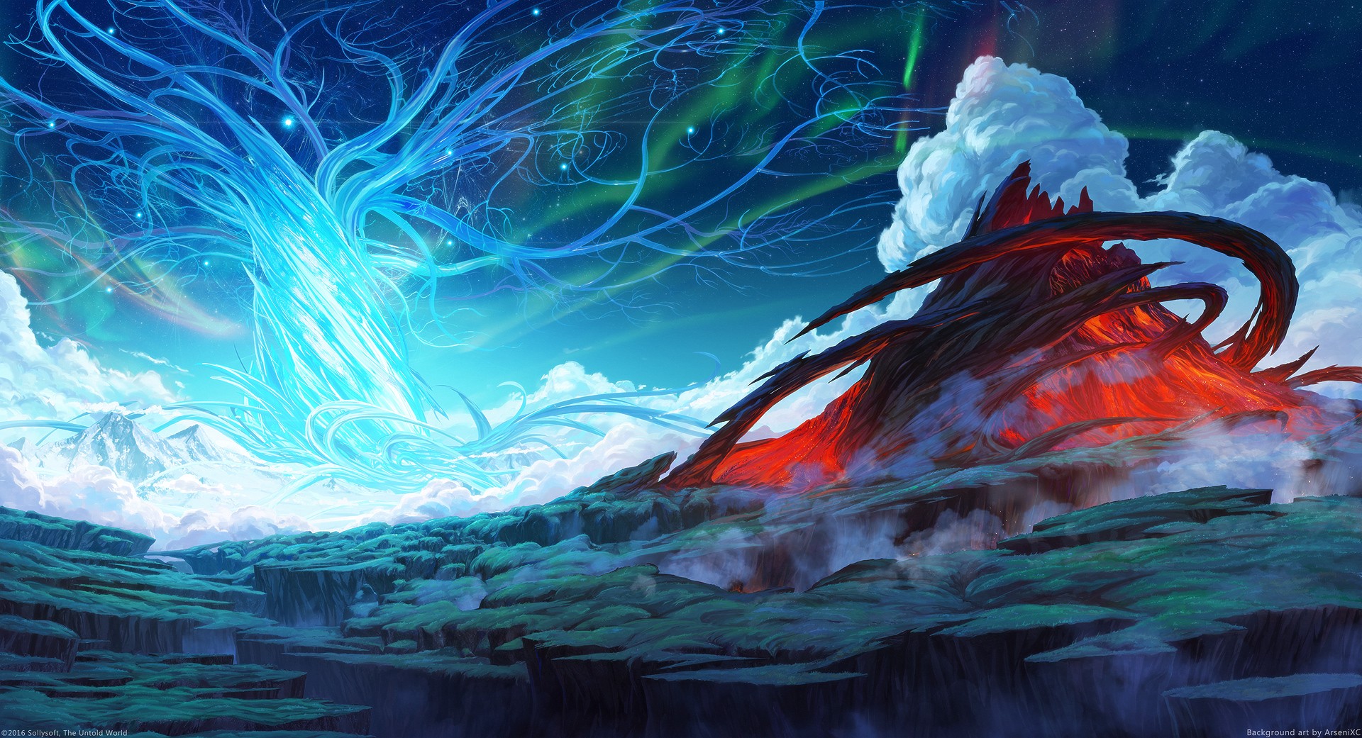 Fantasy landscape with glowing tree and volcano HD Wallpaper