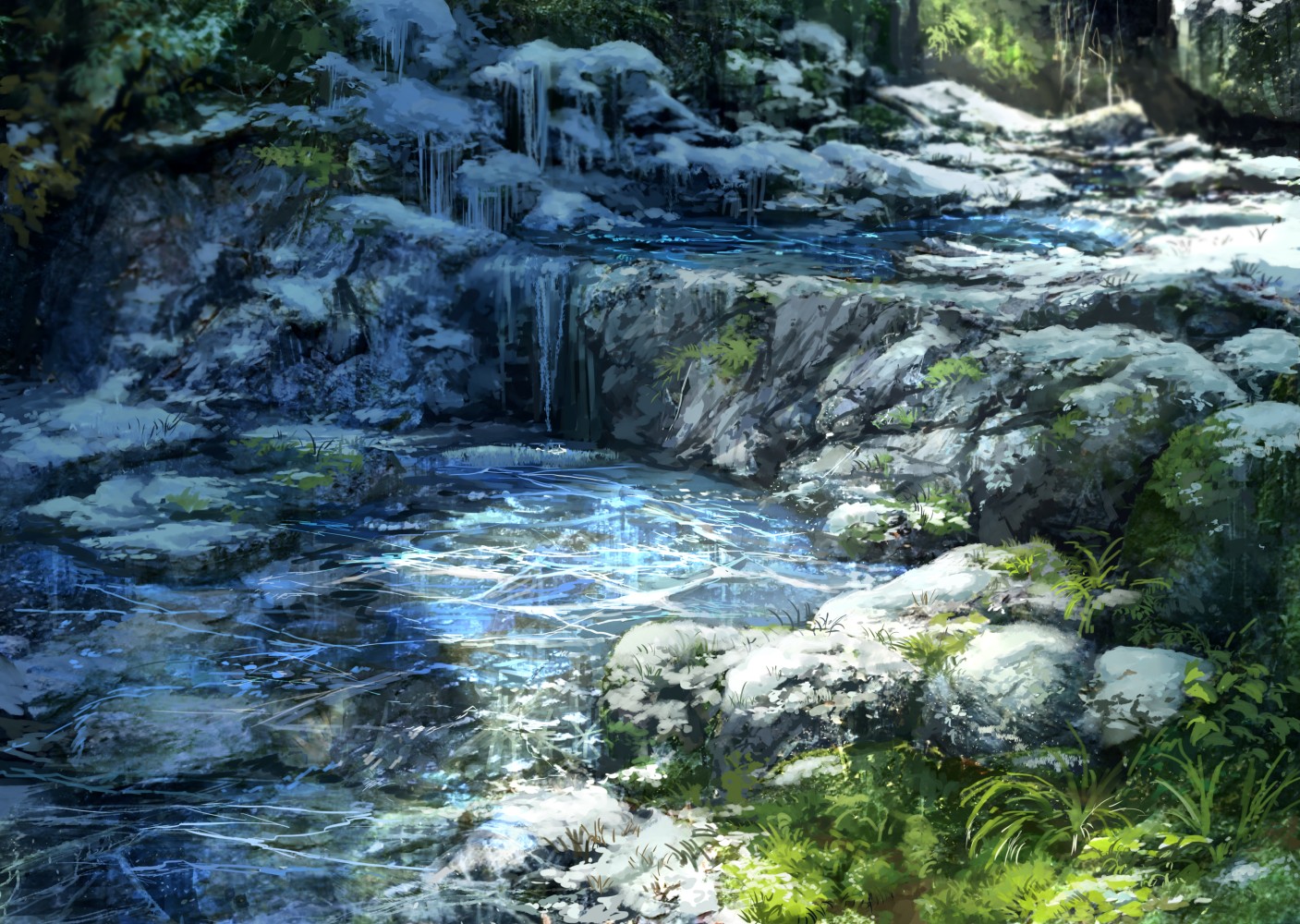 Winter stream with ice and snow HD Wallpaper