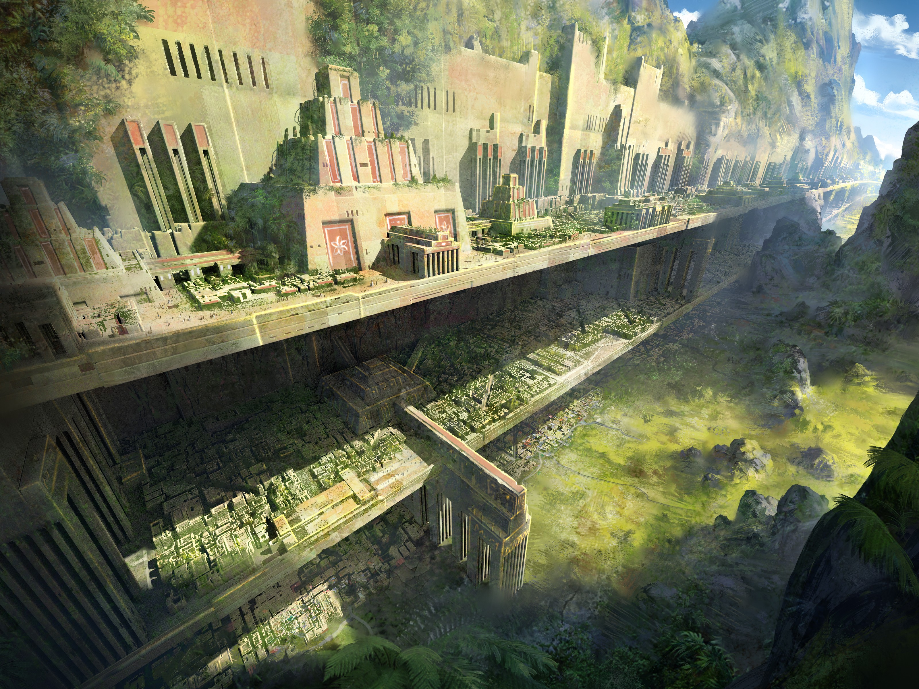 Ancient overgrown city built into a mountain canyon HD Wallpaper