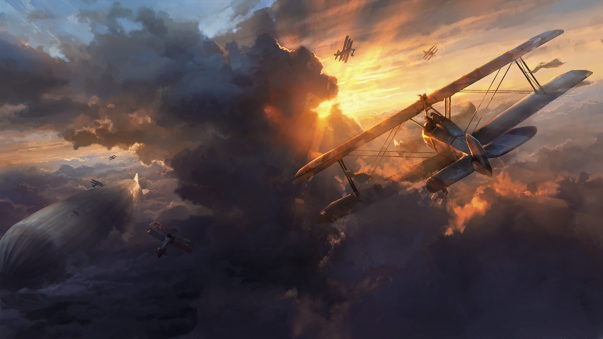 Biplanes and airship in a cloudy sky at sunset HD Wallpaper