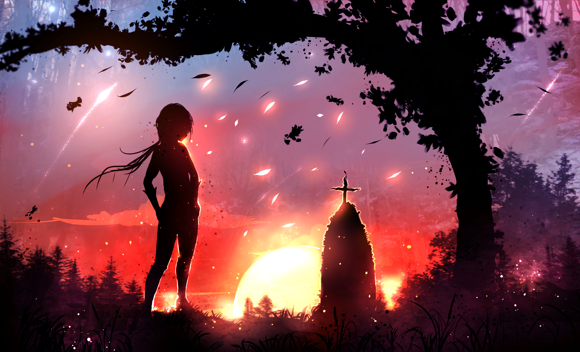 Silhouette of a girl and a cross at sunset HD Wallpaper