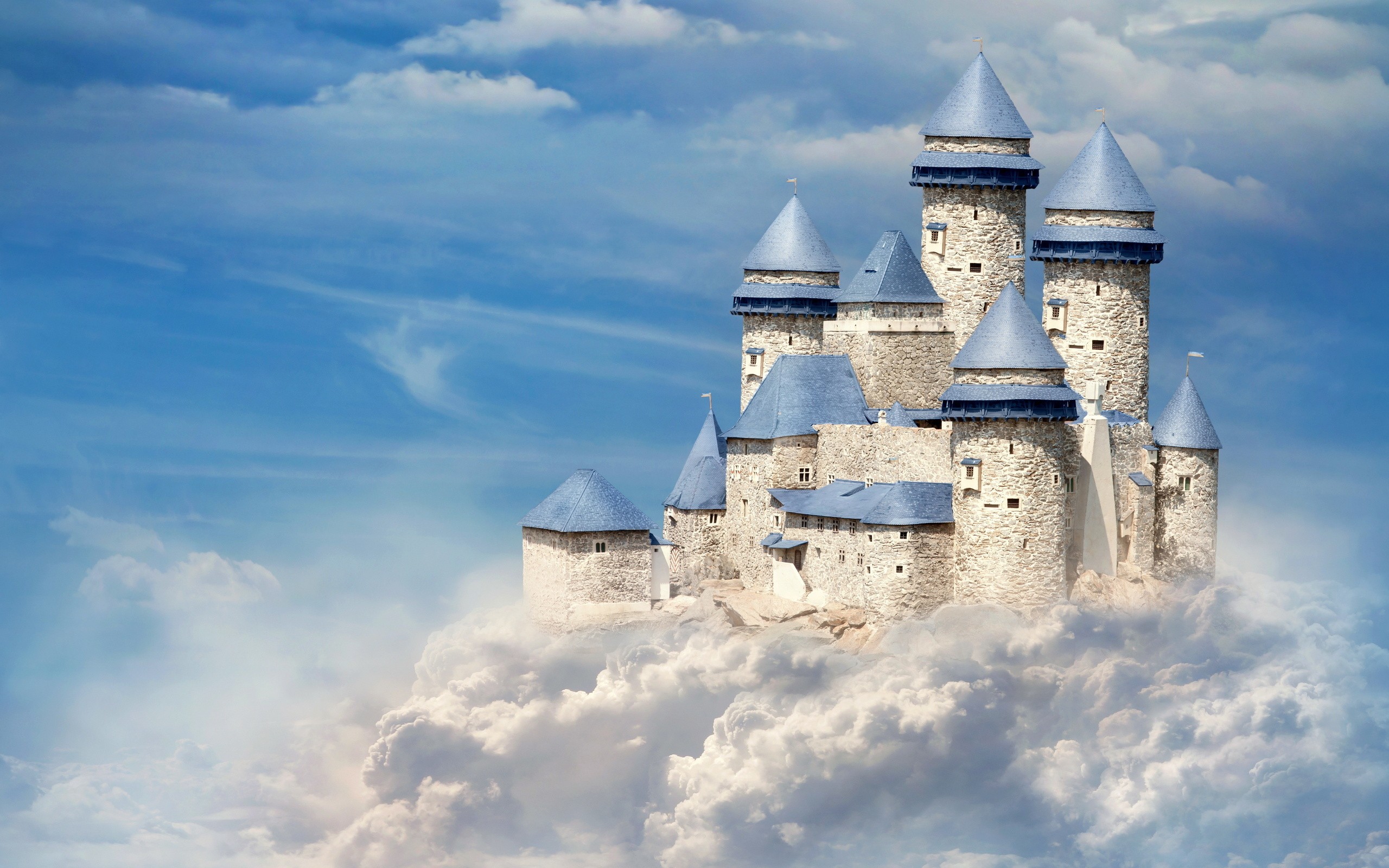 Castle floating on clouds in a blue sky HD Wallpaper