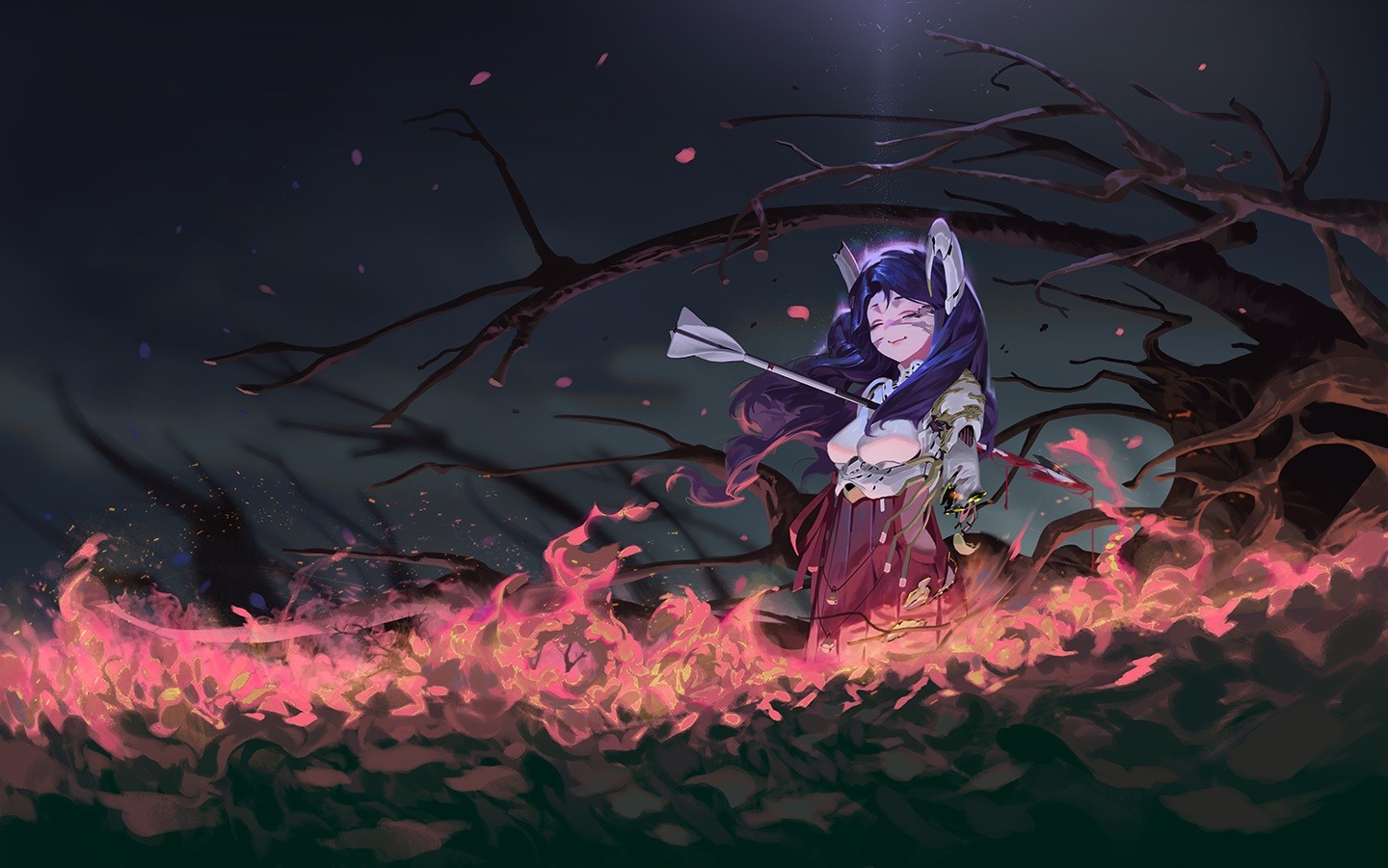 Anime girl with cat ears and arrow in chest surrounded by fire HD Wallpaper