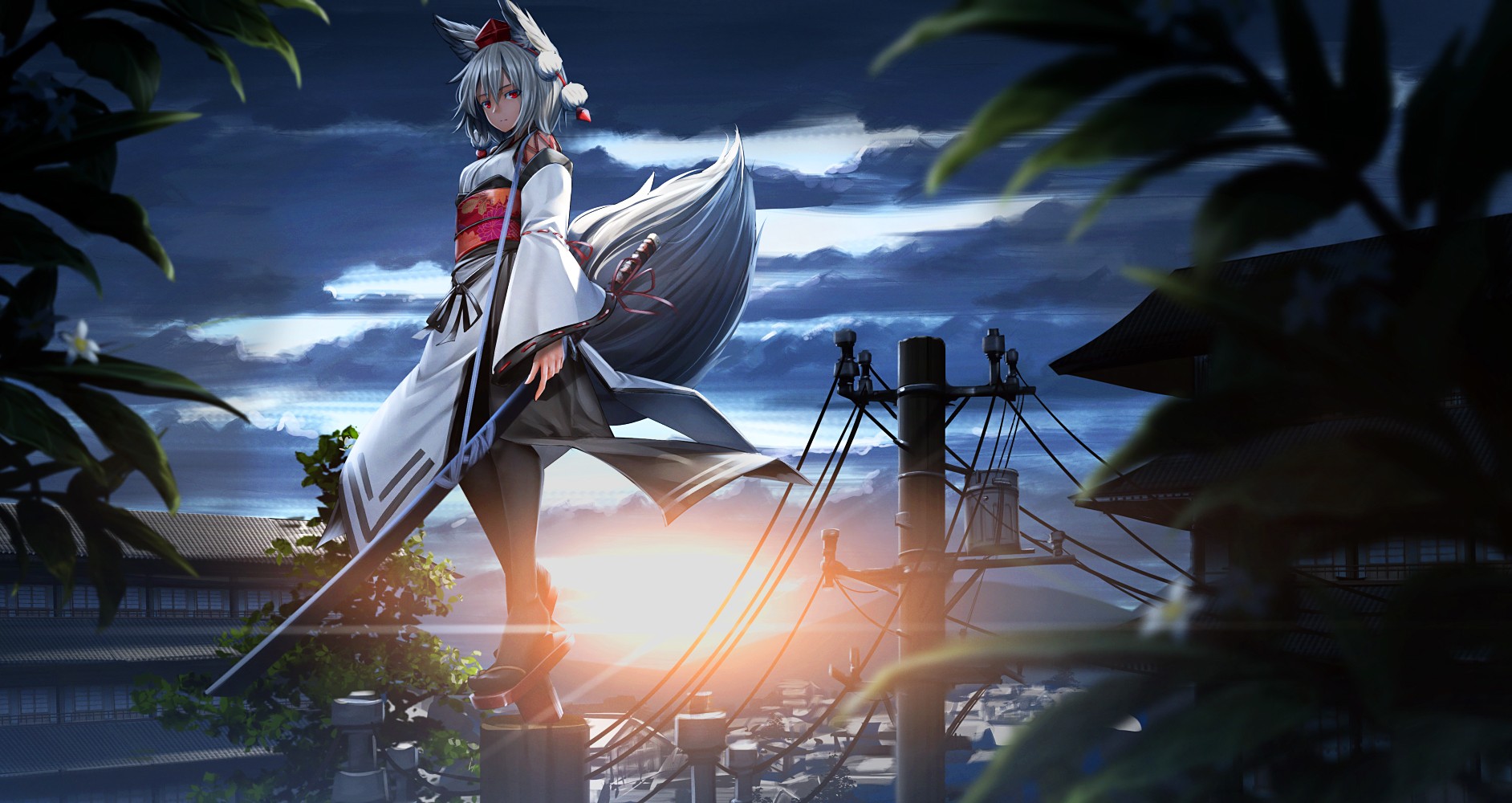 Anime girl with fox ears and katana at sunrise HD Wallpaper