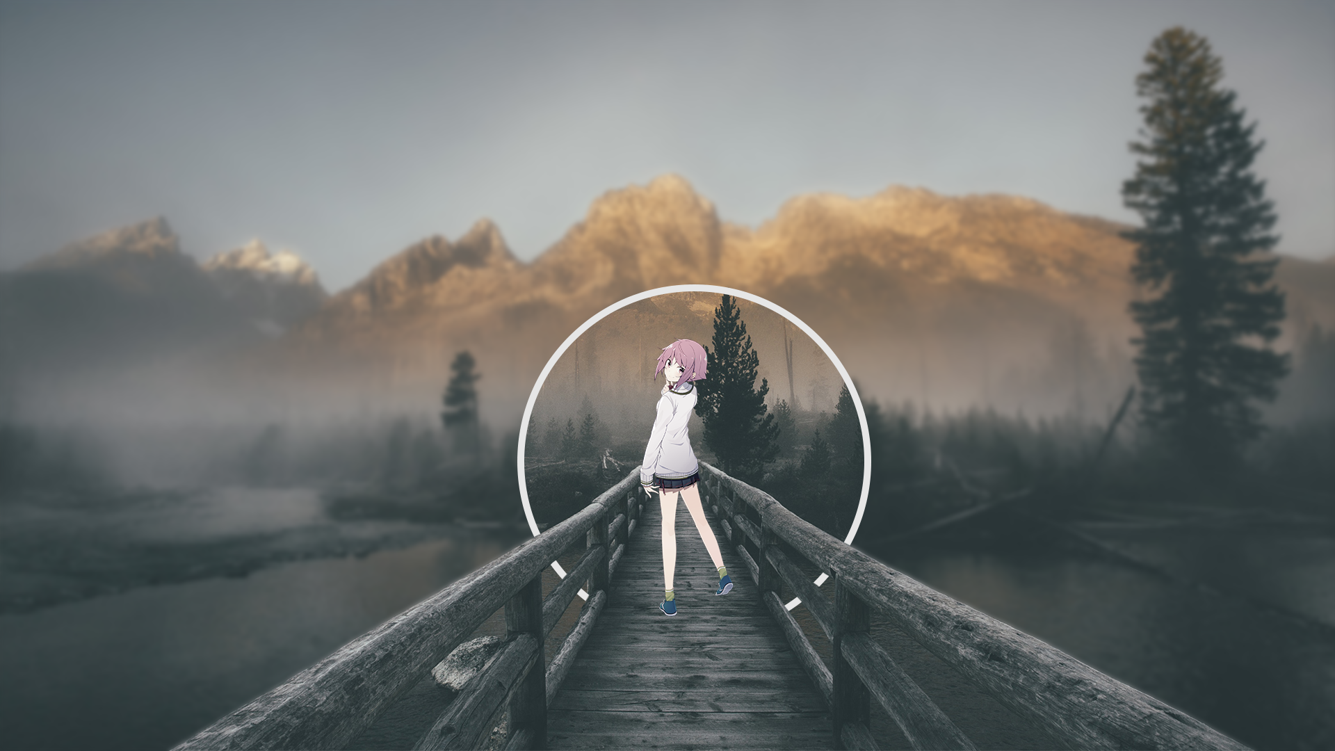 Anime girl on a bridge with mountains and fog HD Wallpaper