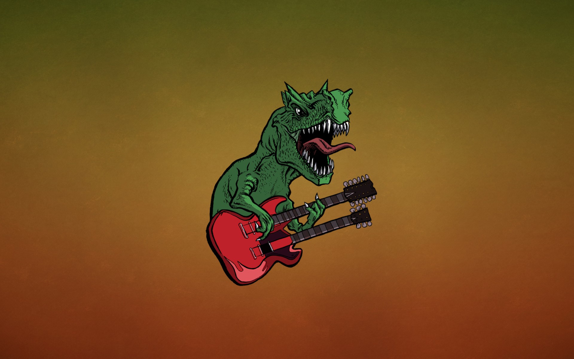 Green dinosaur playing a double-neck red electric guitar HD Wallpaper