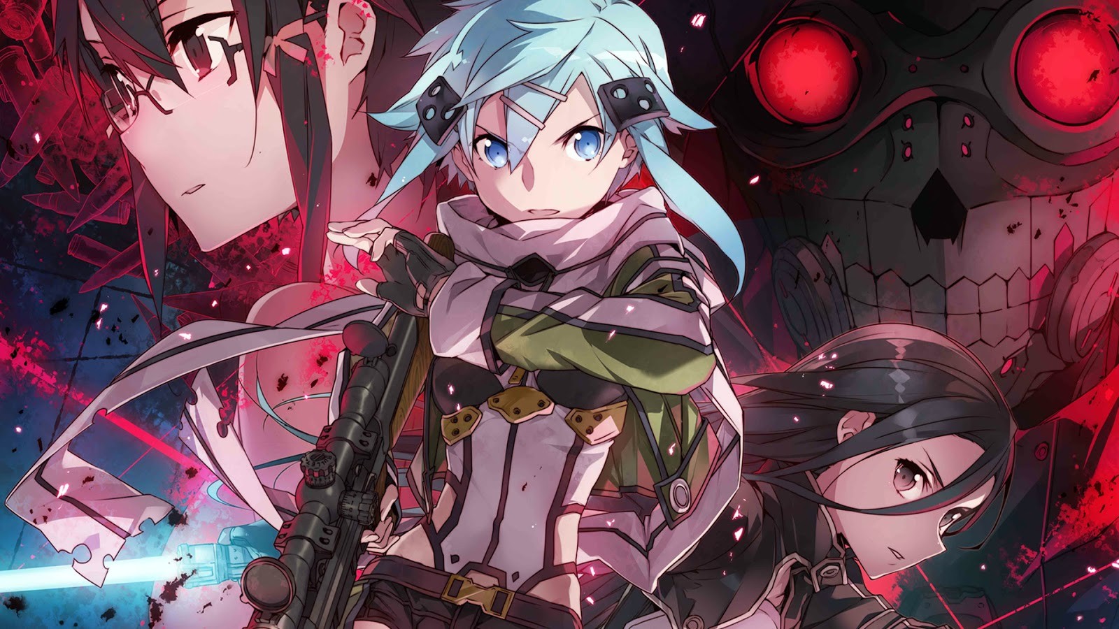 Sword Art Online: Sinon, Kirito, and Leafa with a Skull Robot HD Wallpaper