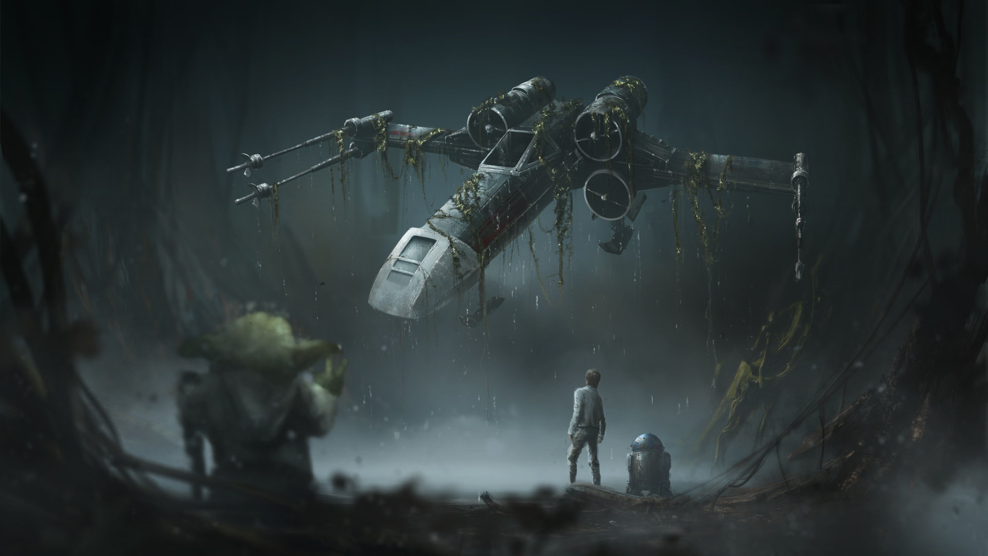 Yoda, Luke Skywalker, and R2-D2 with a crashed X-wing HD Wallpaper