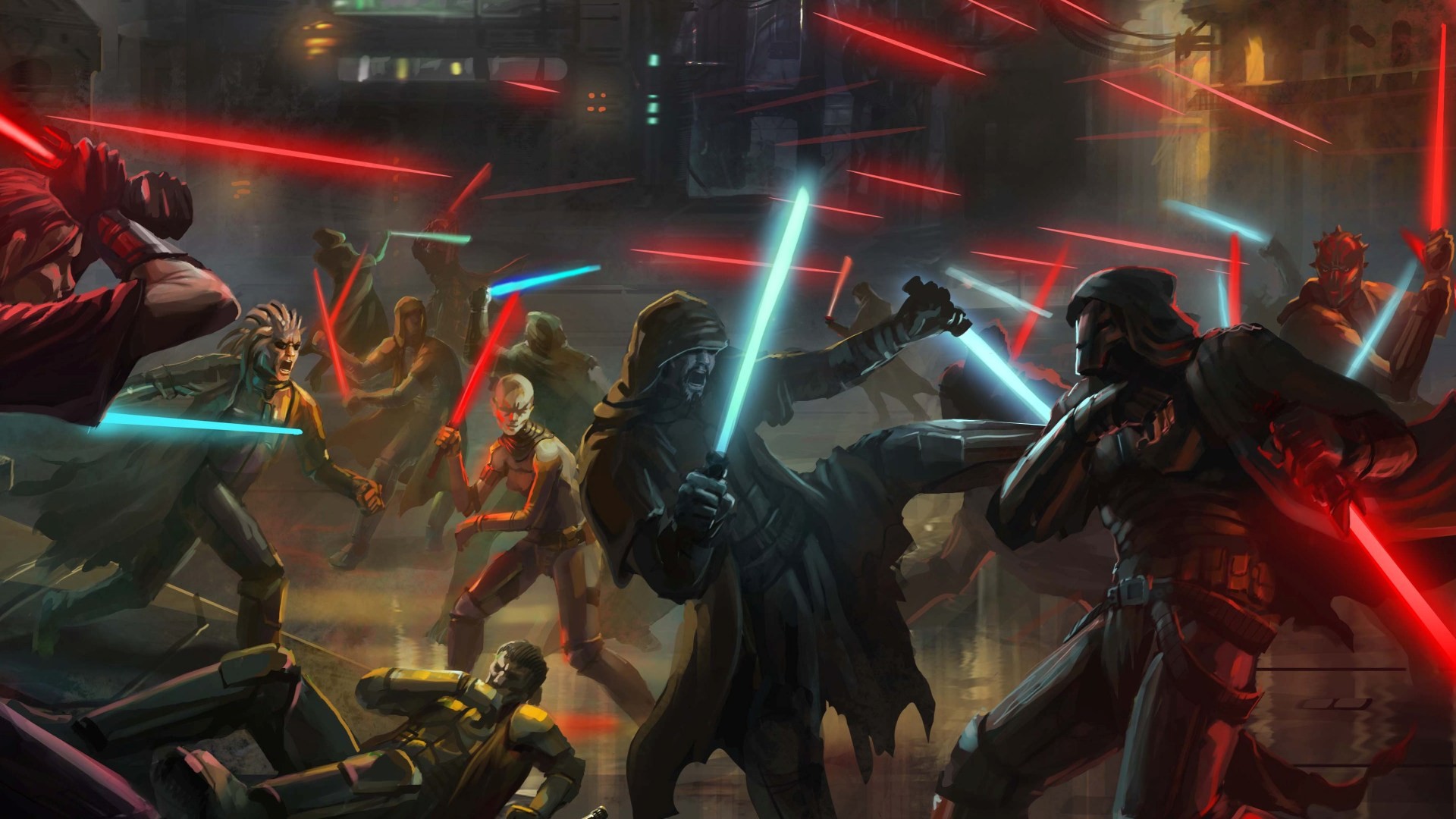 Star Wars characters fighting with lightsabers HD Wallpaper