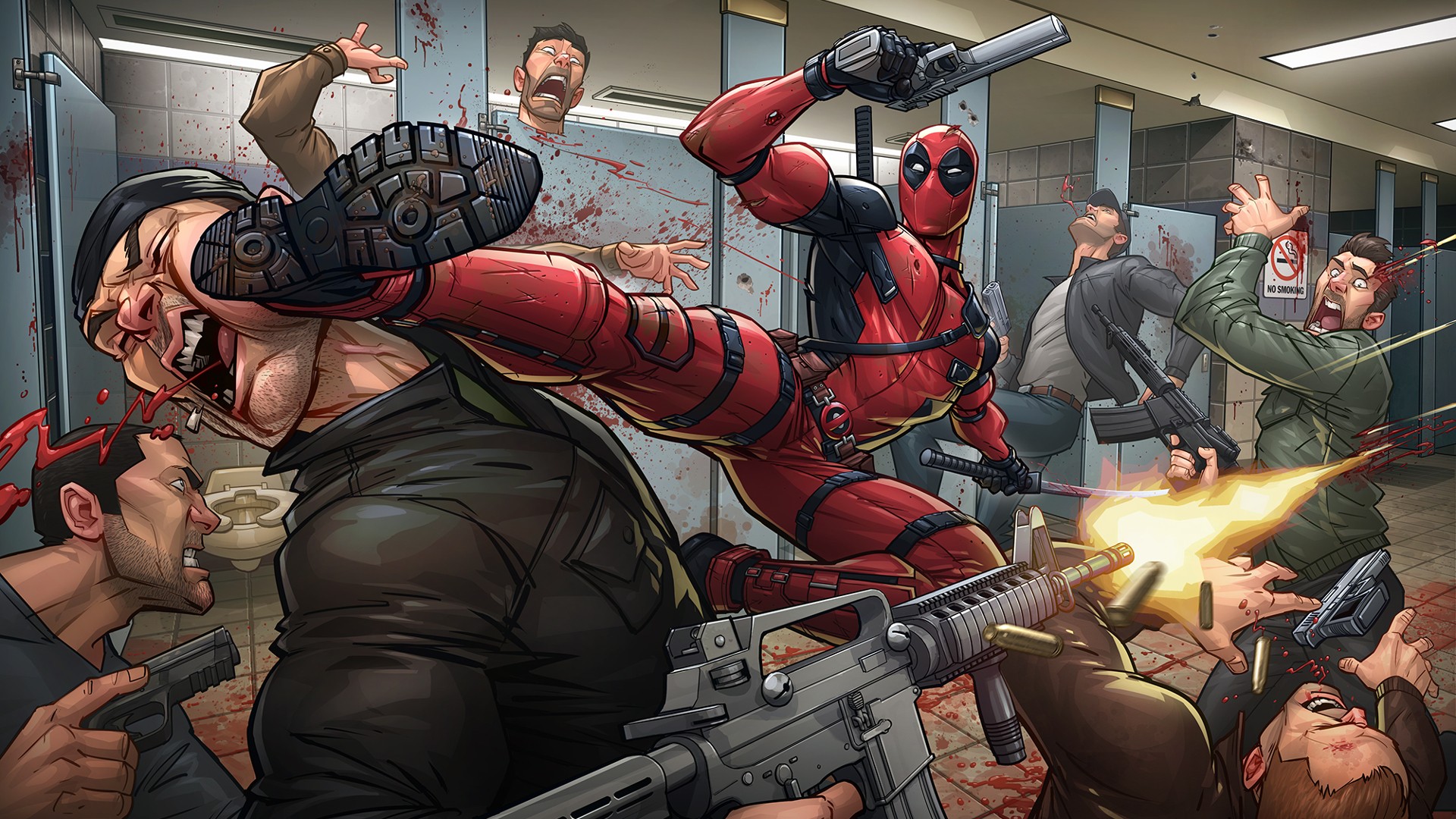 Deadpool fighting in a bathroom HD Wallpaper