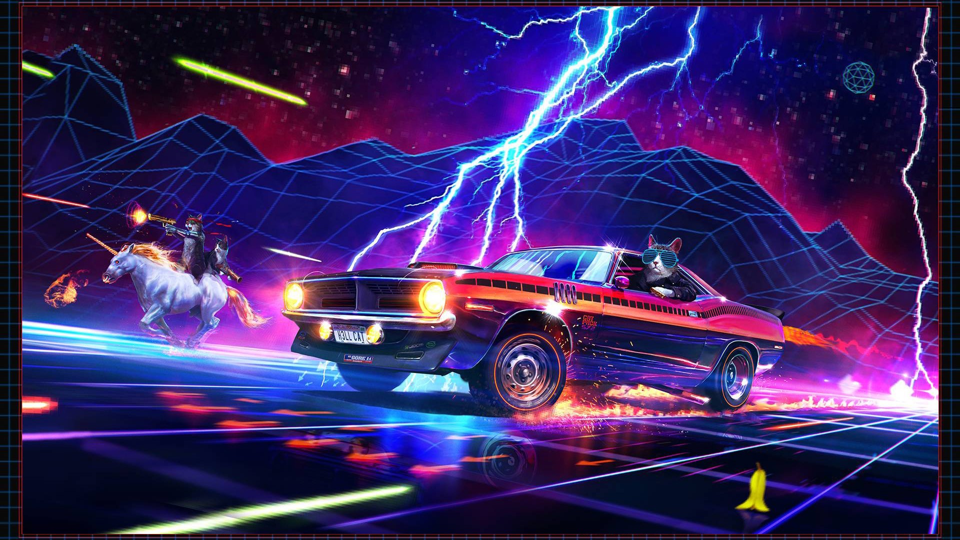 Cat driving a car with a unicorn in a retro space scene HD Wallpaper