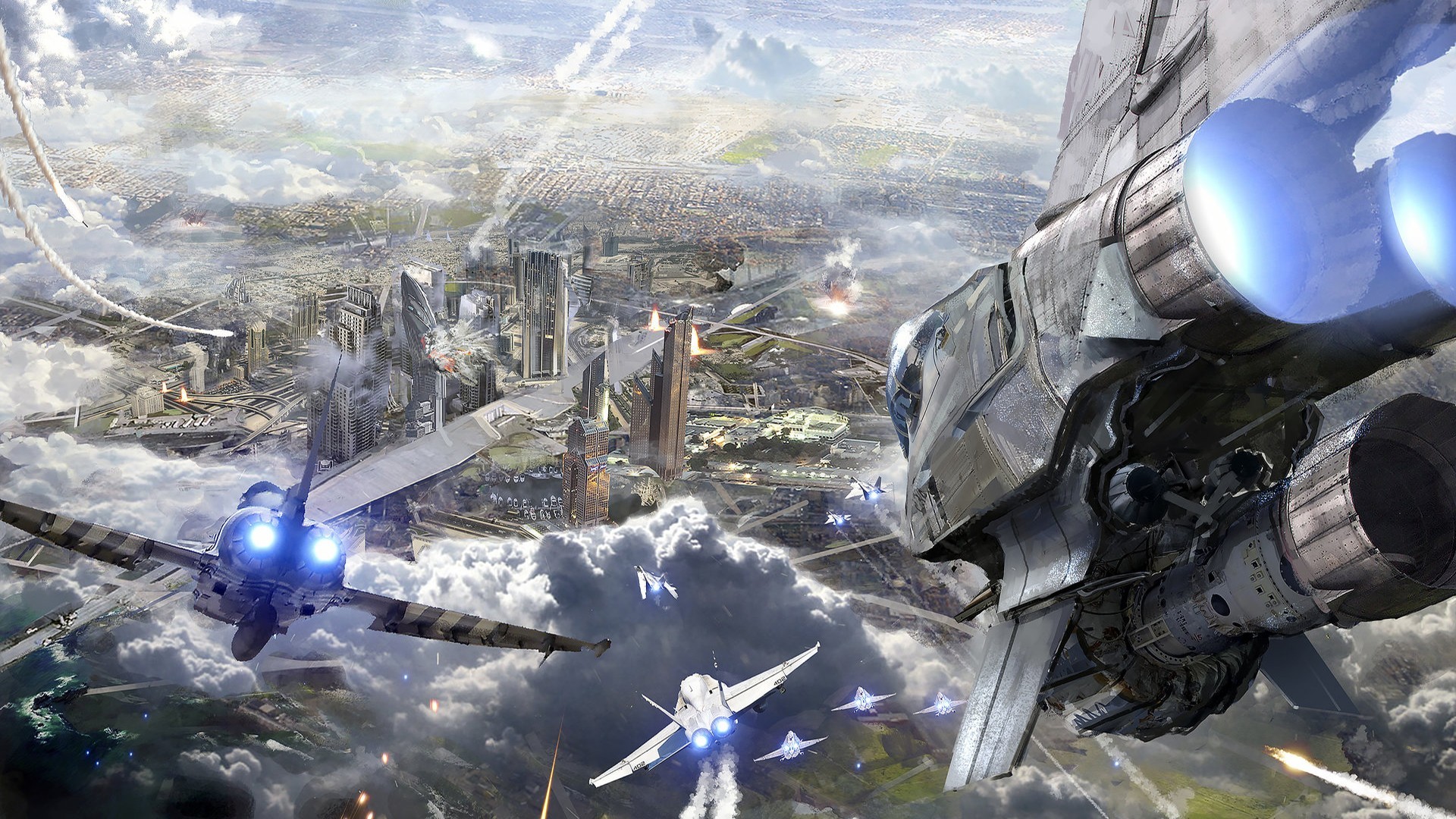 Science fiction jets in aerial combat over a futuristic city HD Wallpaper