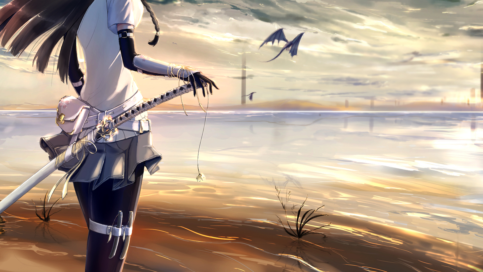 Anime girl with sword and dragons in sky HD Wallpaper