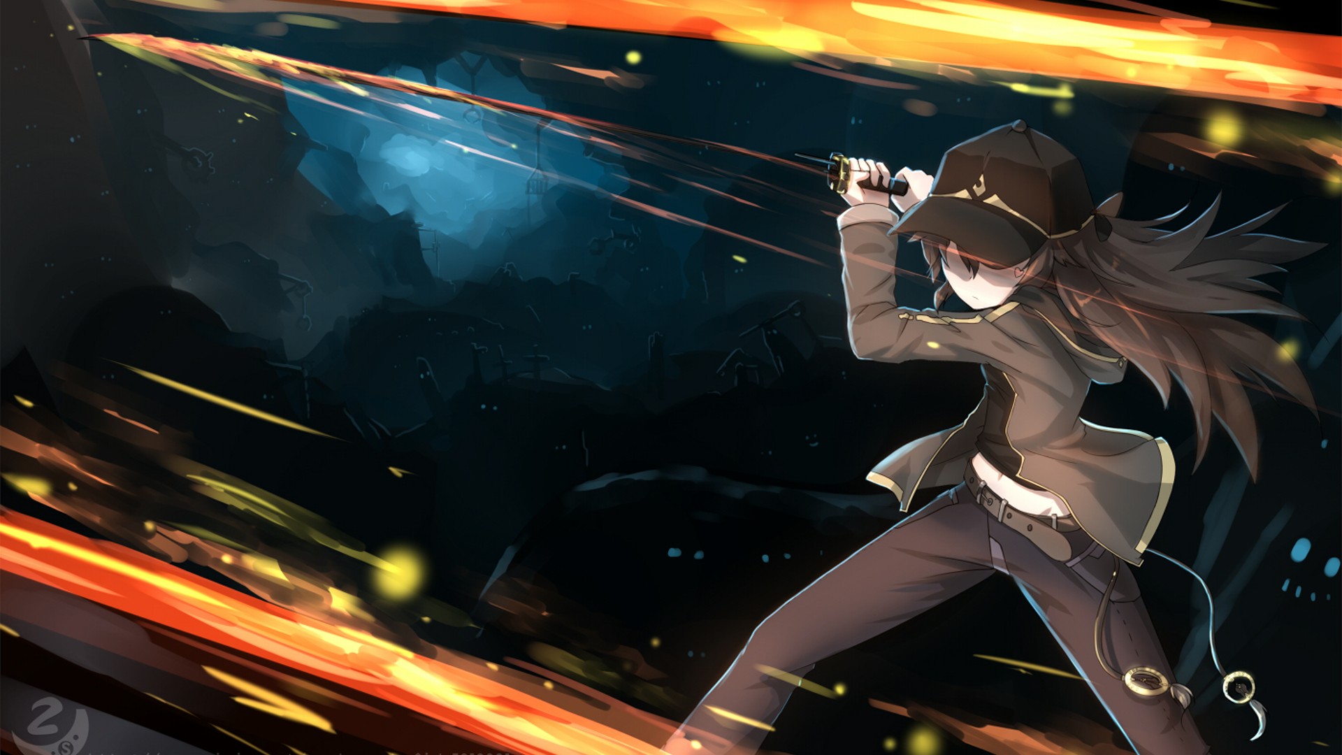 Anime girl with sword in a dark, fiery landscape HD Wallpaper