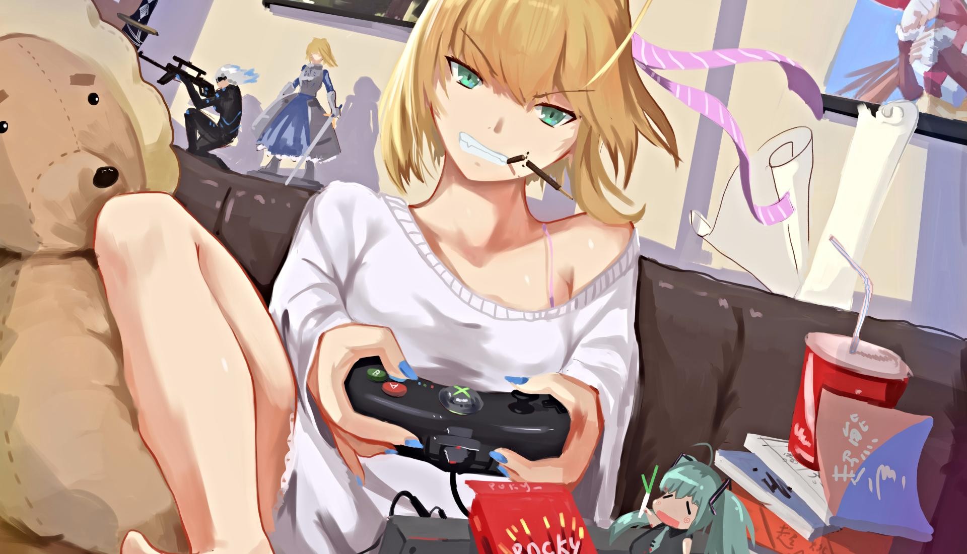 Saber of Red from Fate Series playing video games HD Wallpaper