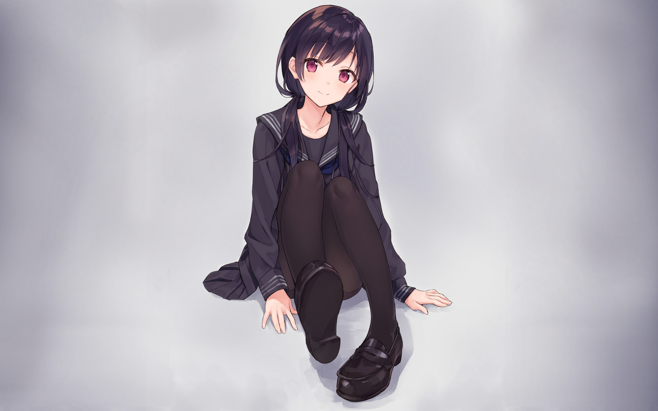 Anime girl with black hair and red eyes in school uniform HD Wallpaper