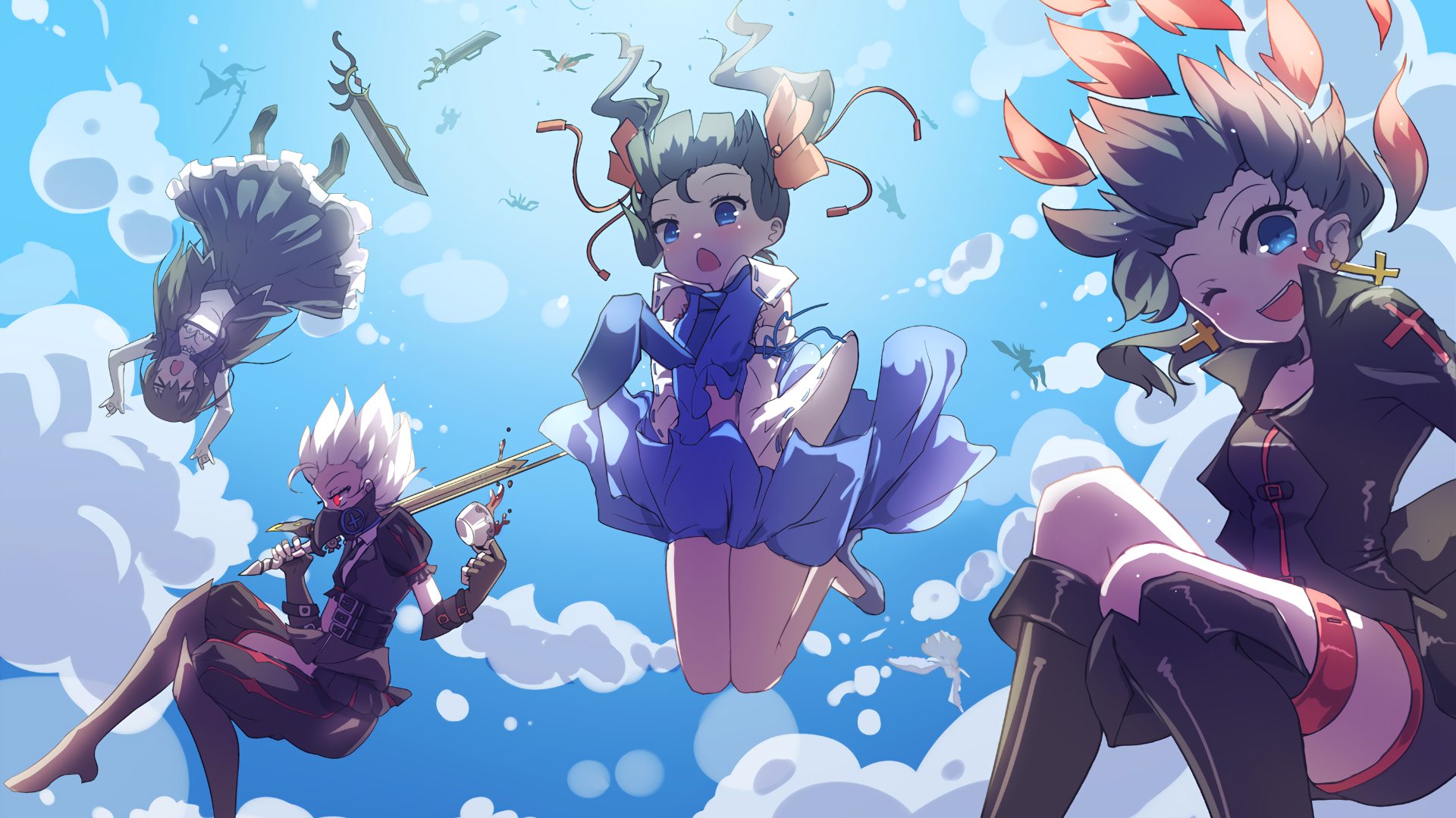 Anime girls falling through the sky with swords HD Wallpaper