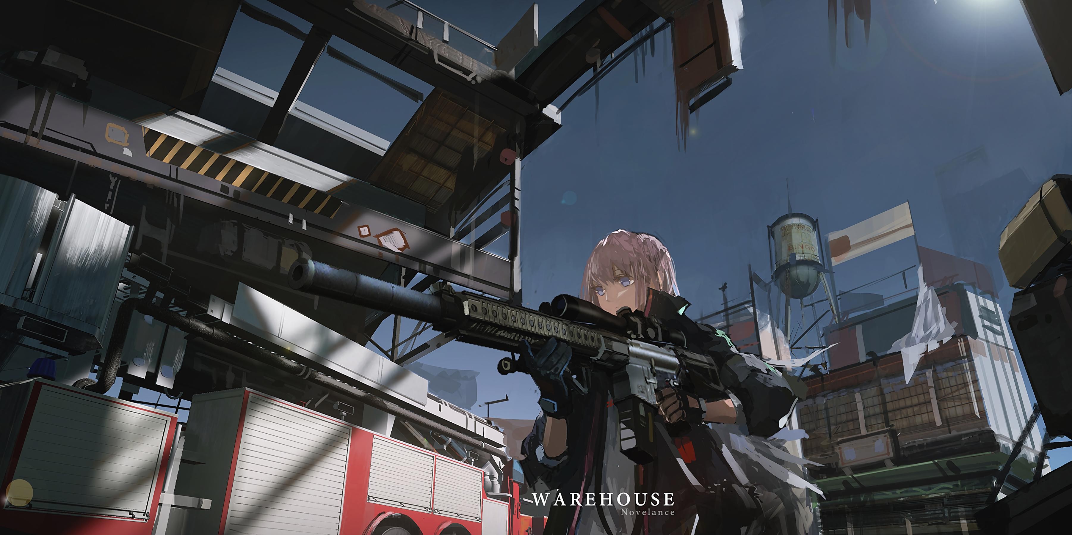 Anime girl with sniper rifle in warehouse district HD Wallpaper