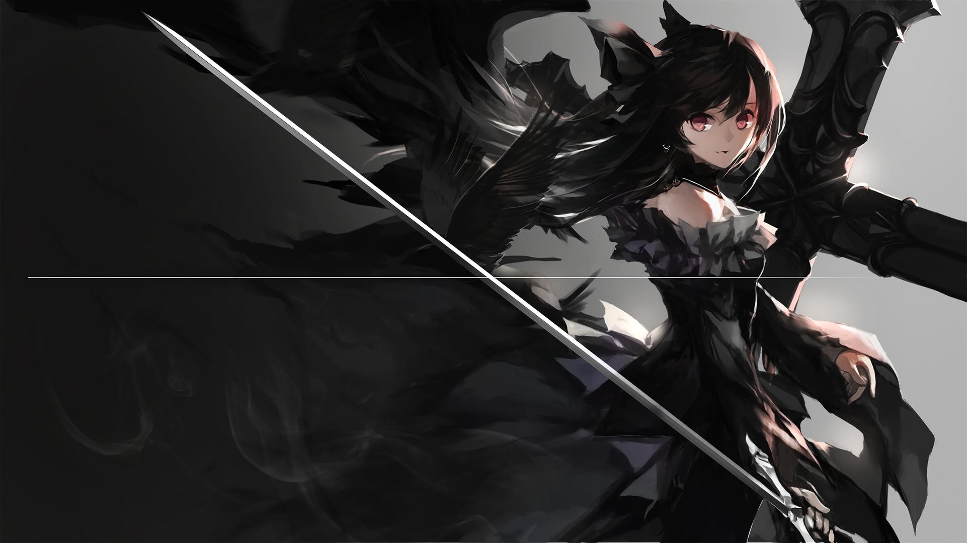Anime girl with black wings and sword HD Wallpaper