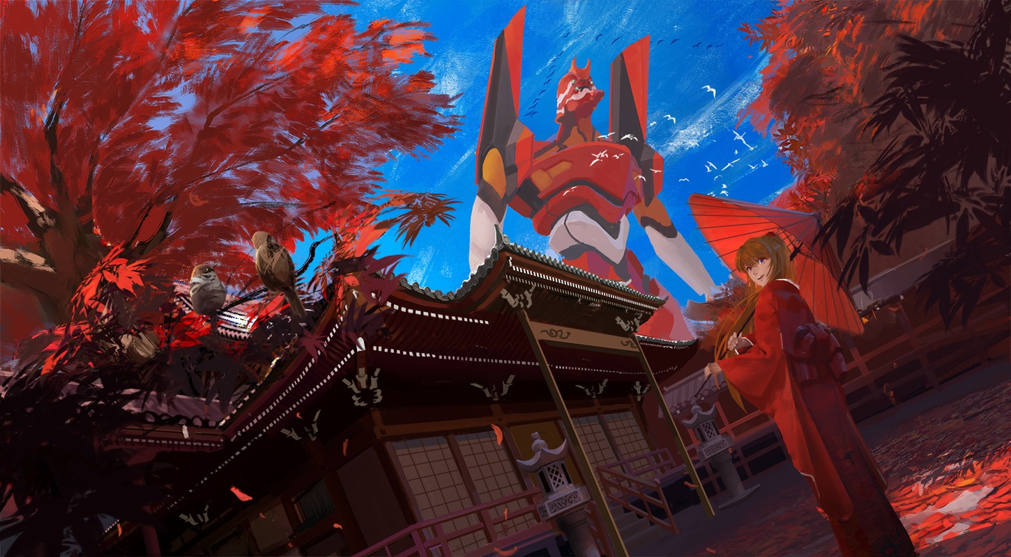 Asuka Langley Soryu and EVA Unit 02 from Neon Genesis Evangelion HD Wallpaper