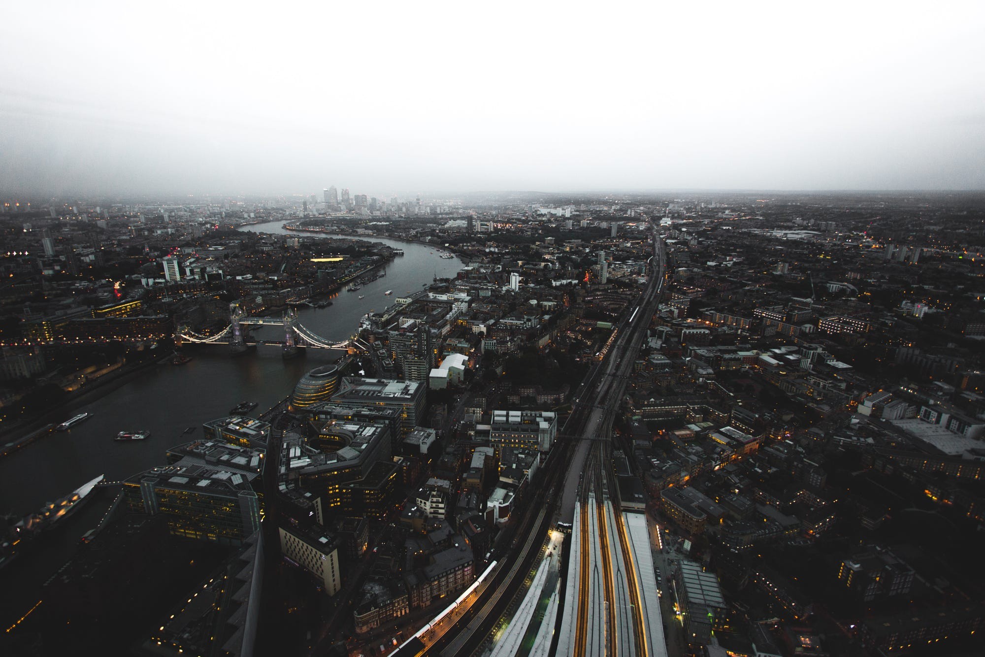 Aerial view of London cityscape with River Thames and Tower Bridge HD Wallpaper