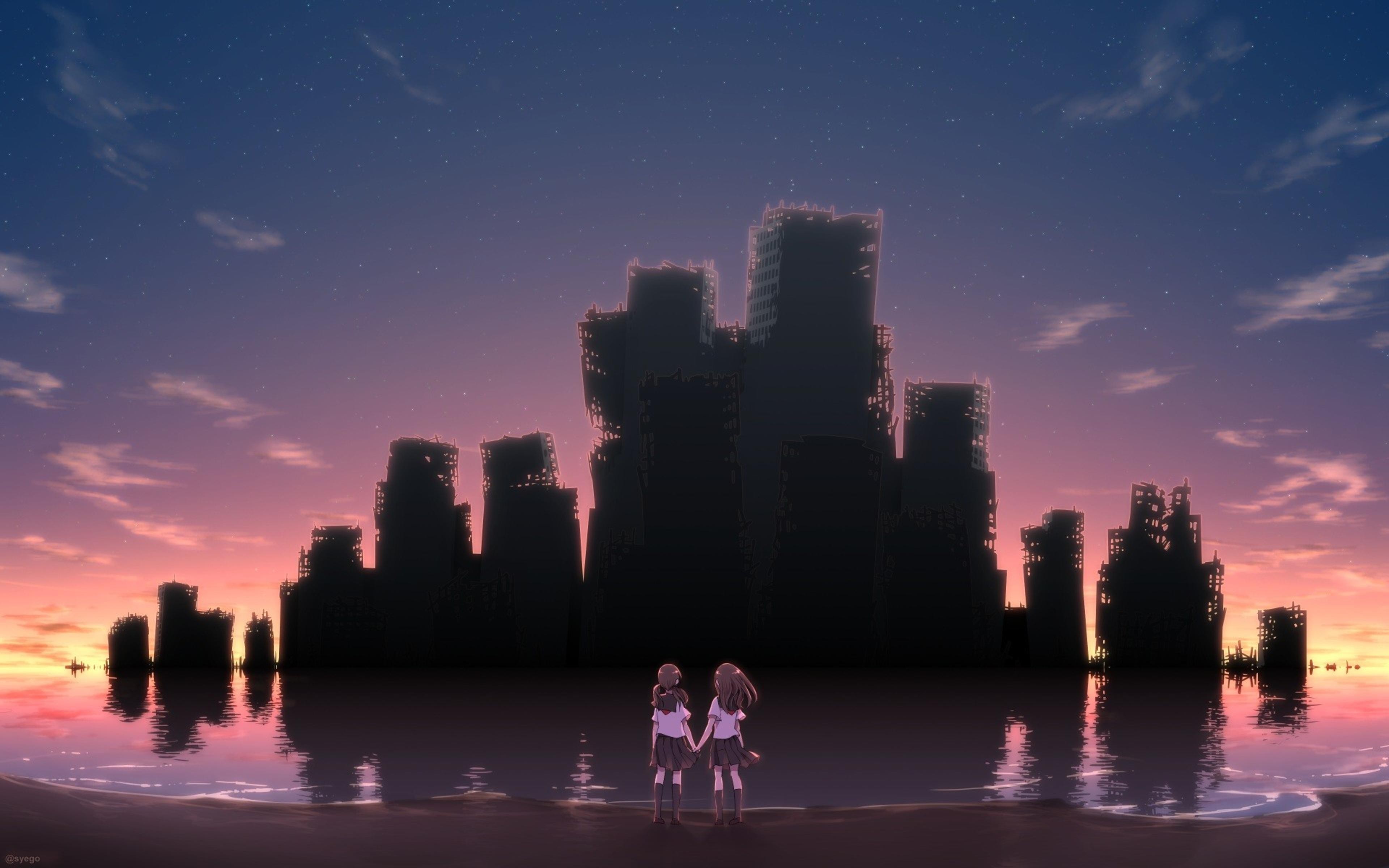 Two girls on a beach at sunset with ruined city background HD Wallpaper
