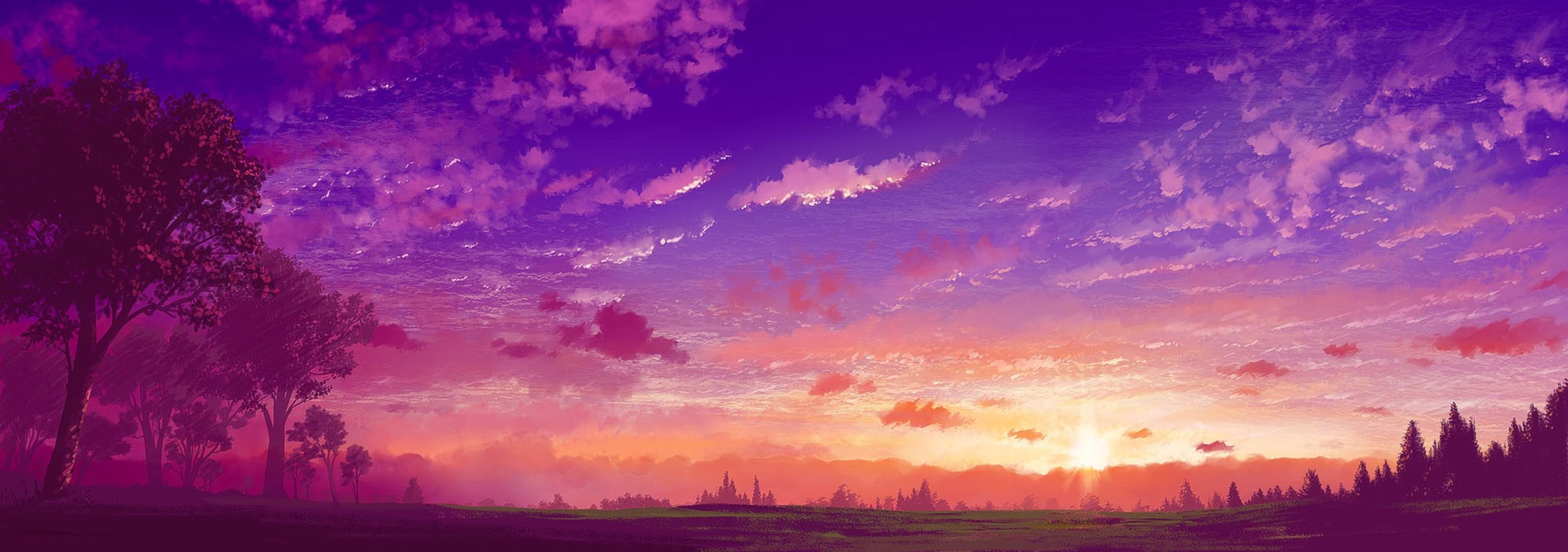 Anime sunset landscape with clouds and trees HD Wallpaper
