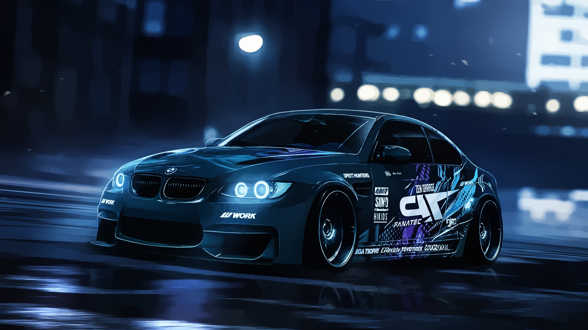 BMW E92 M3 with racing decals on a wet street HD Wallpaper