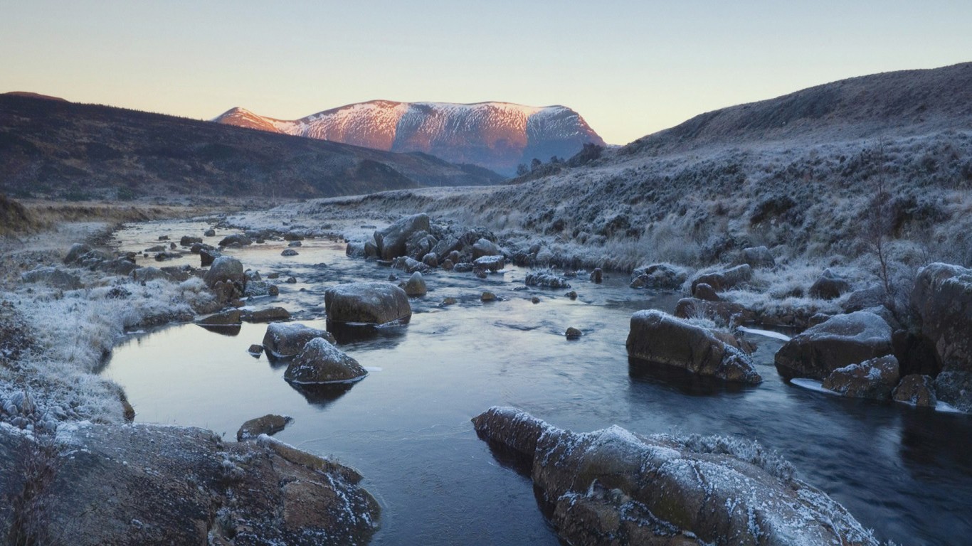 Winter mountain landscape with a frozen river HD Wallpaper