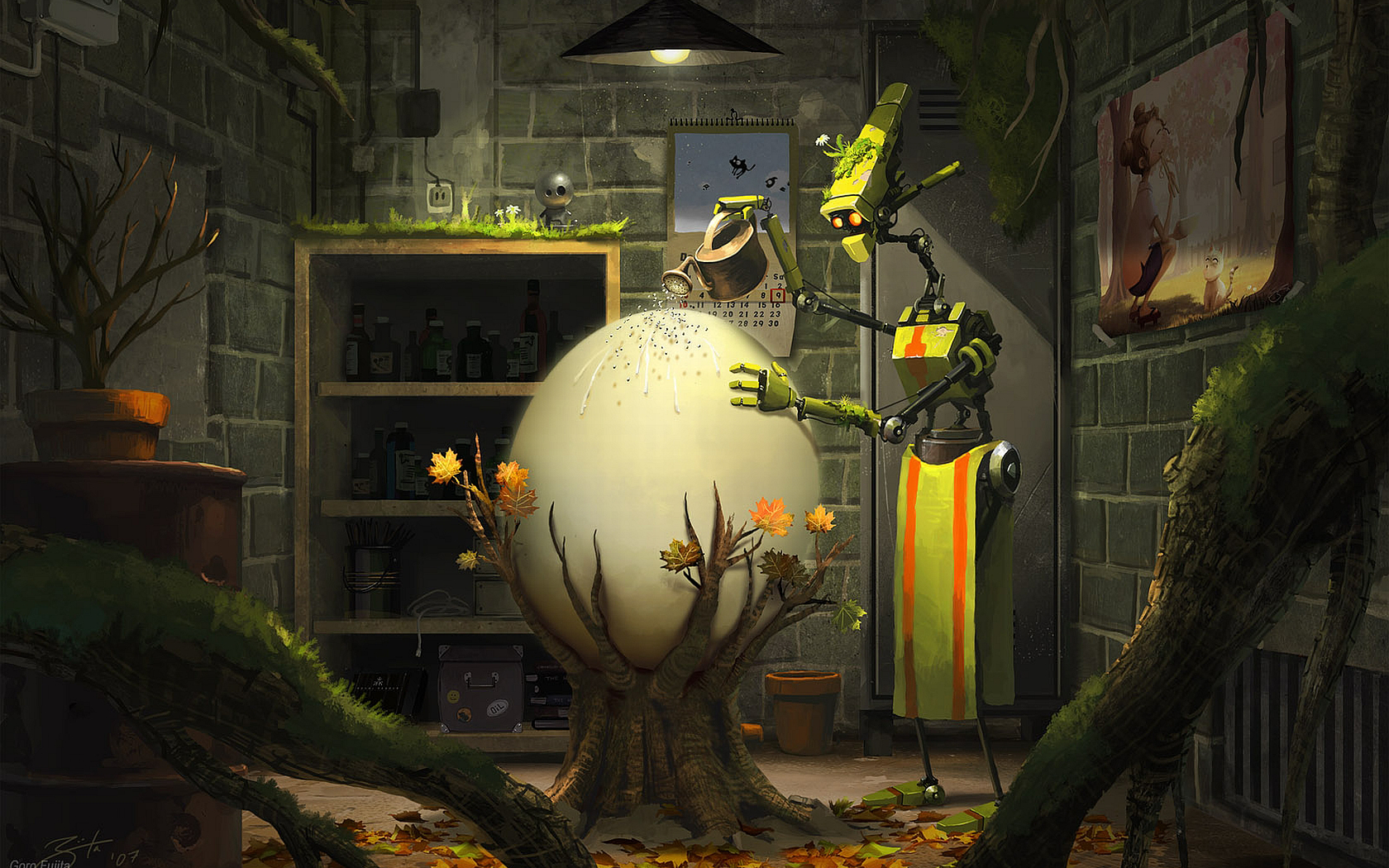 Robot watering a giant egg with plants growing on it HD Wallpaper