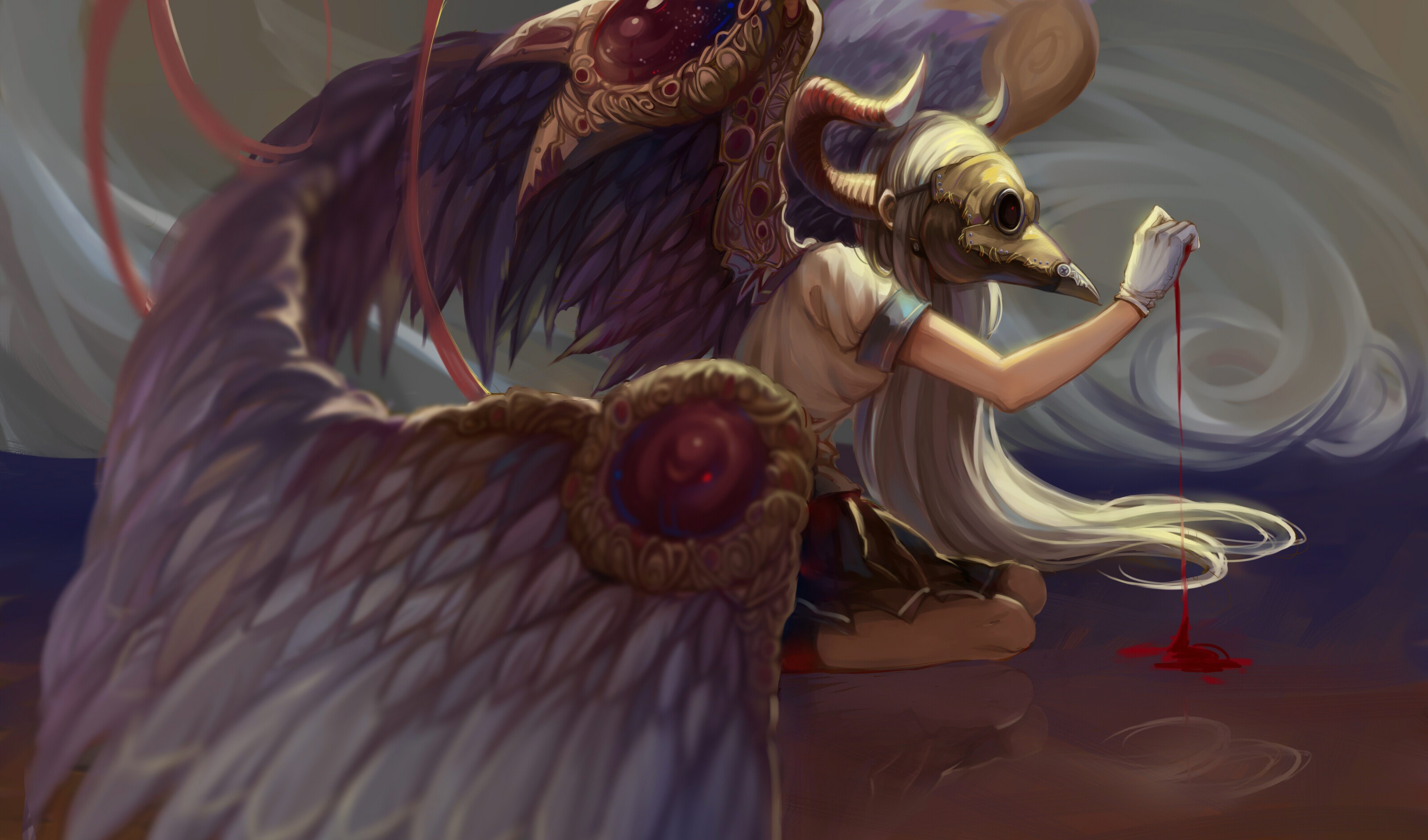 Girl with bird mask and wings dripping blood HD Wallpaper