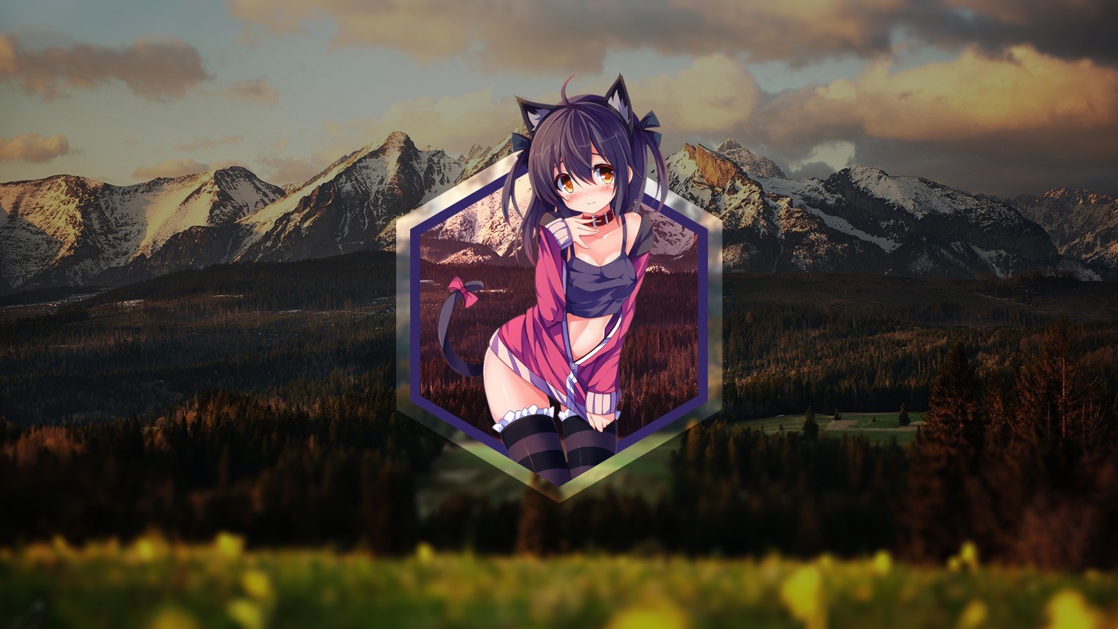 Anime girl with cat ears in a hexagonal frame over mountains HD Wallpaper