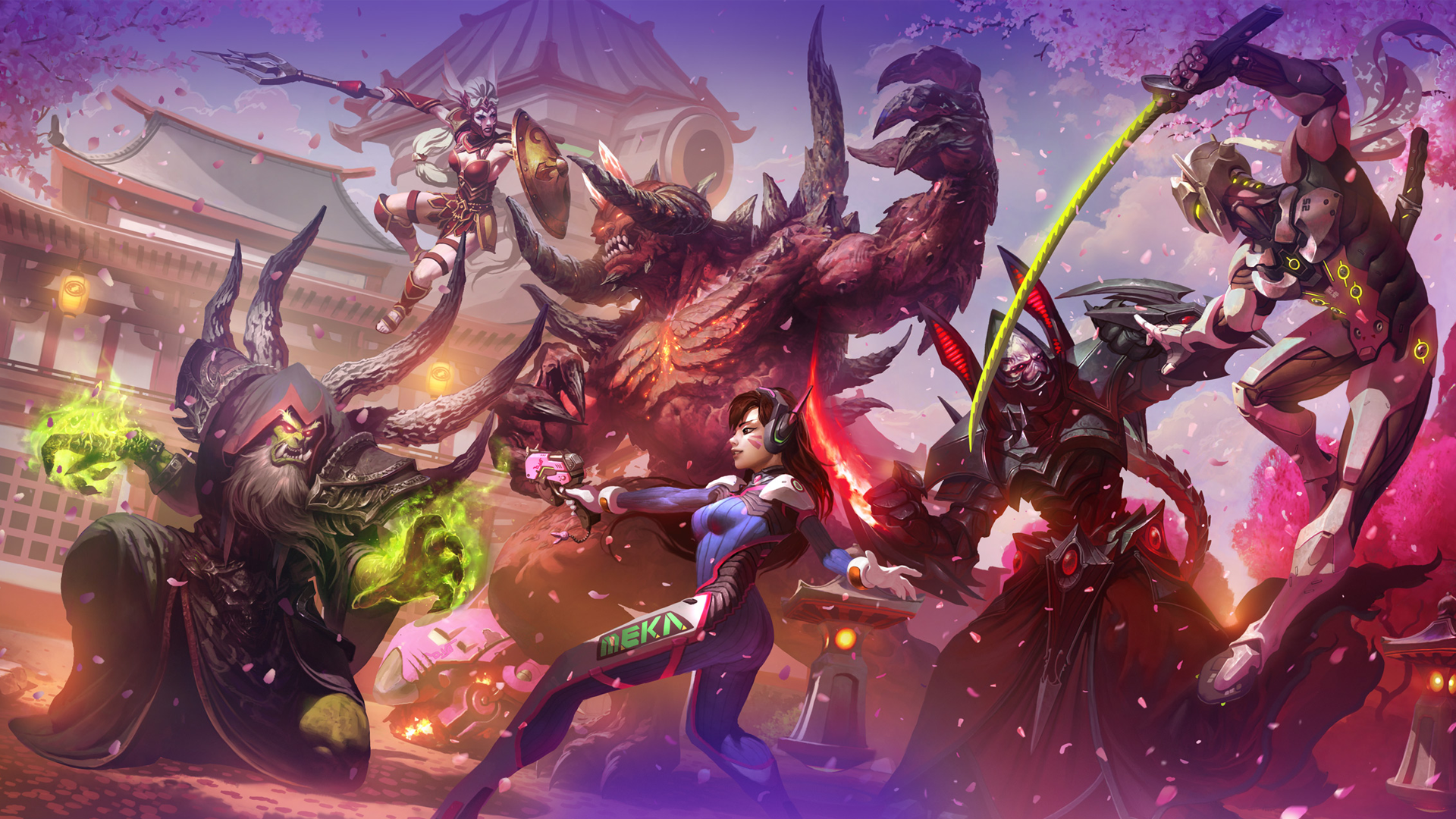 D.Va, Genji, Gul'dan, and other characters in a battle HD Wallpaper