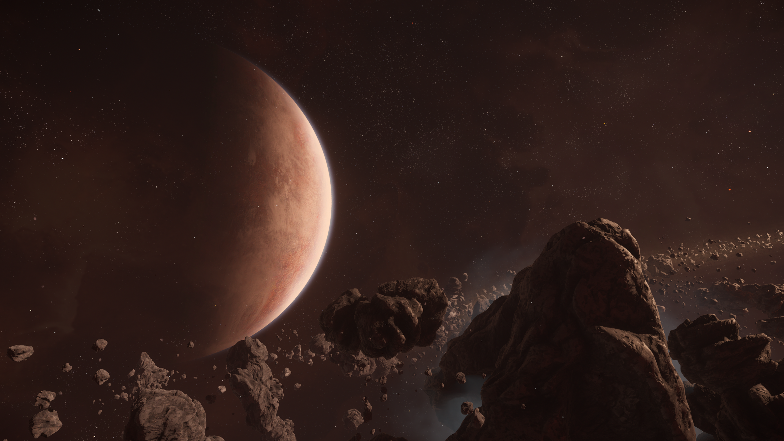 Planet and asteroid field in space HD Wallpaper